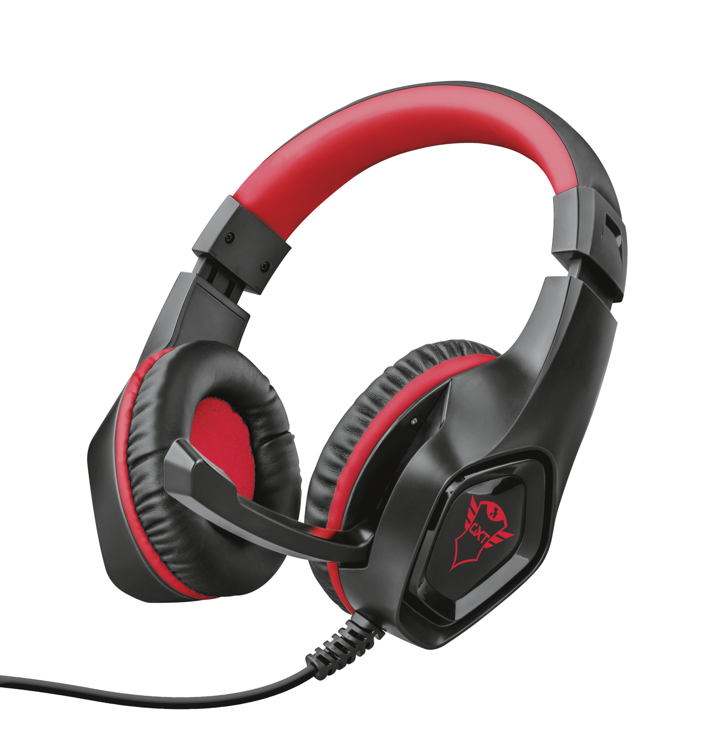 Auriculares gaming Trust negros y rojos con micrófono sobre fondo blanco.
