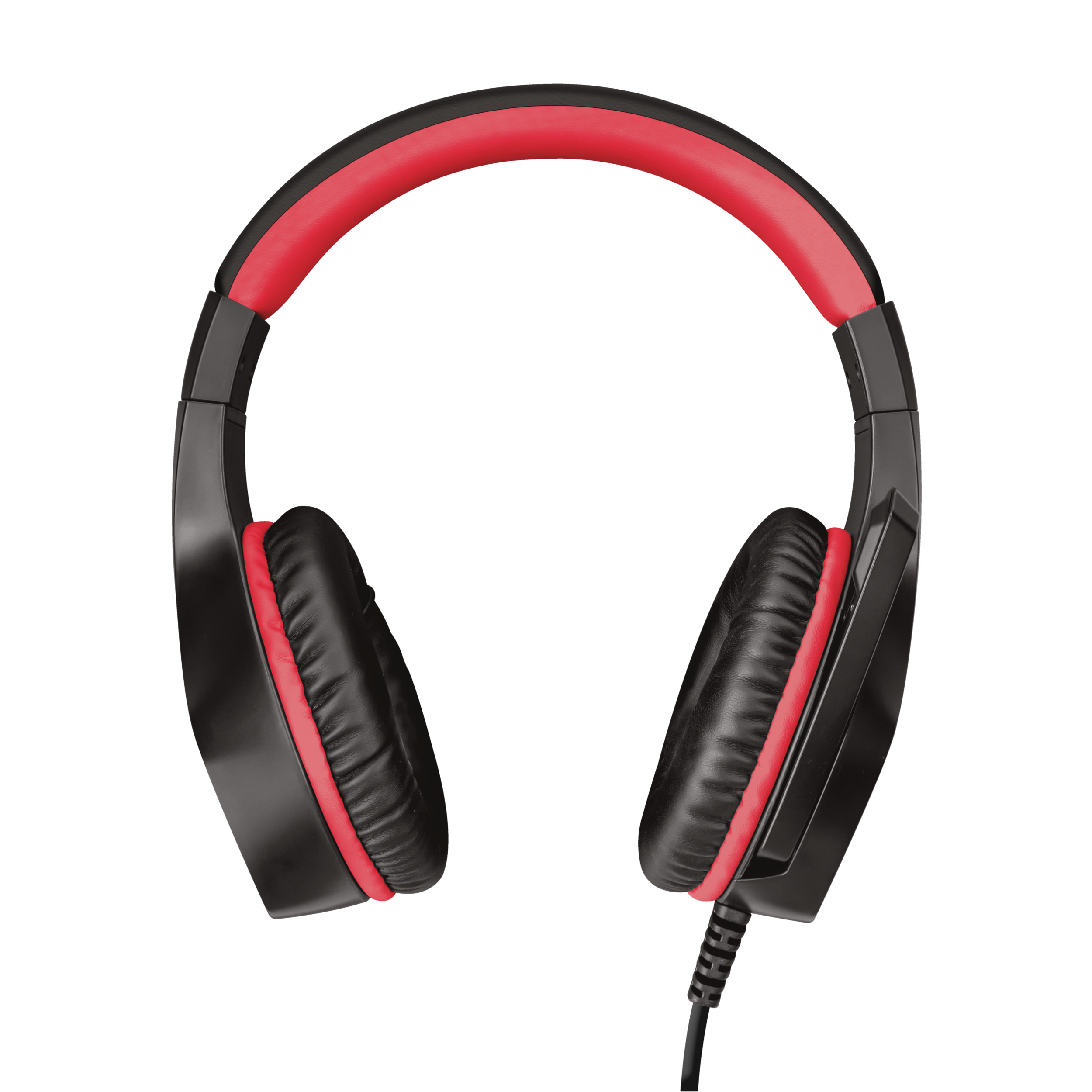 Auriculares para juegos negros y rojos con cable negro, sobre fondo blanco.