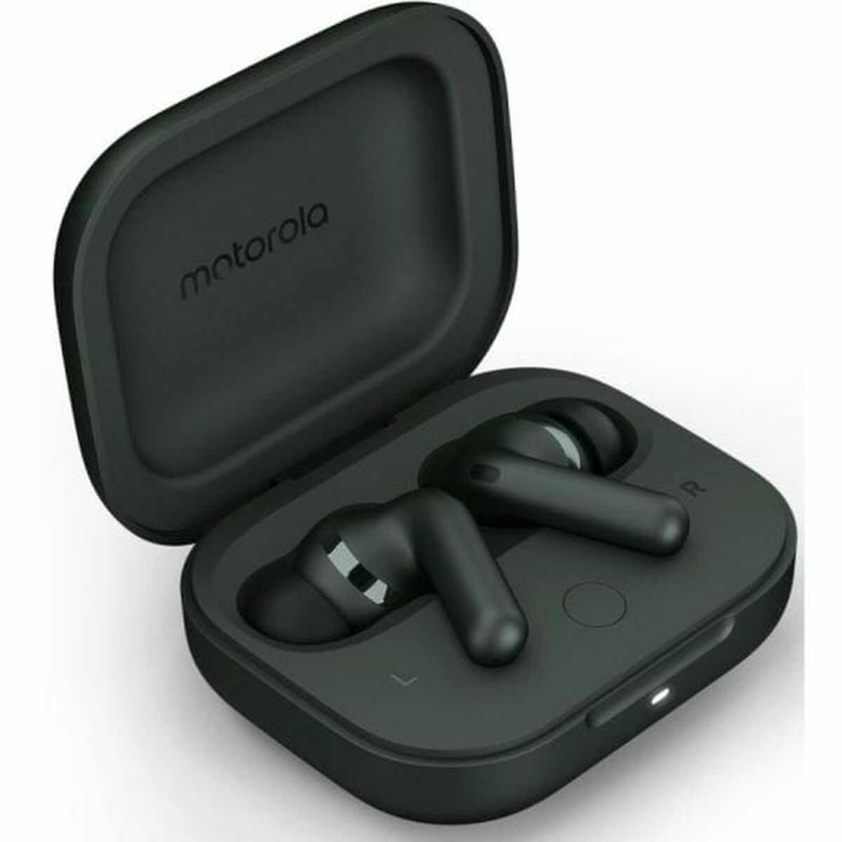 Schwarze Motorola-Ohrhörer in einem Ladecase. Das Case ist geöffnet und gibt die Ohrhörer frei.