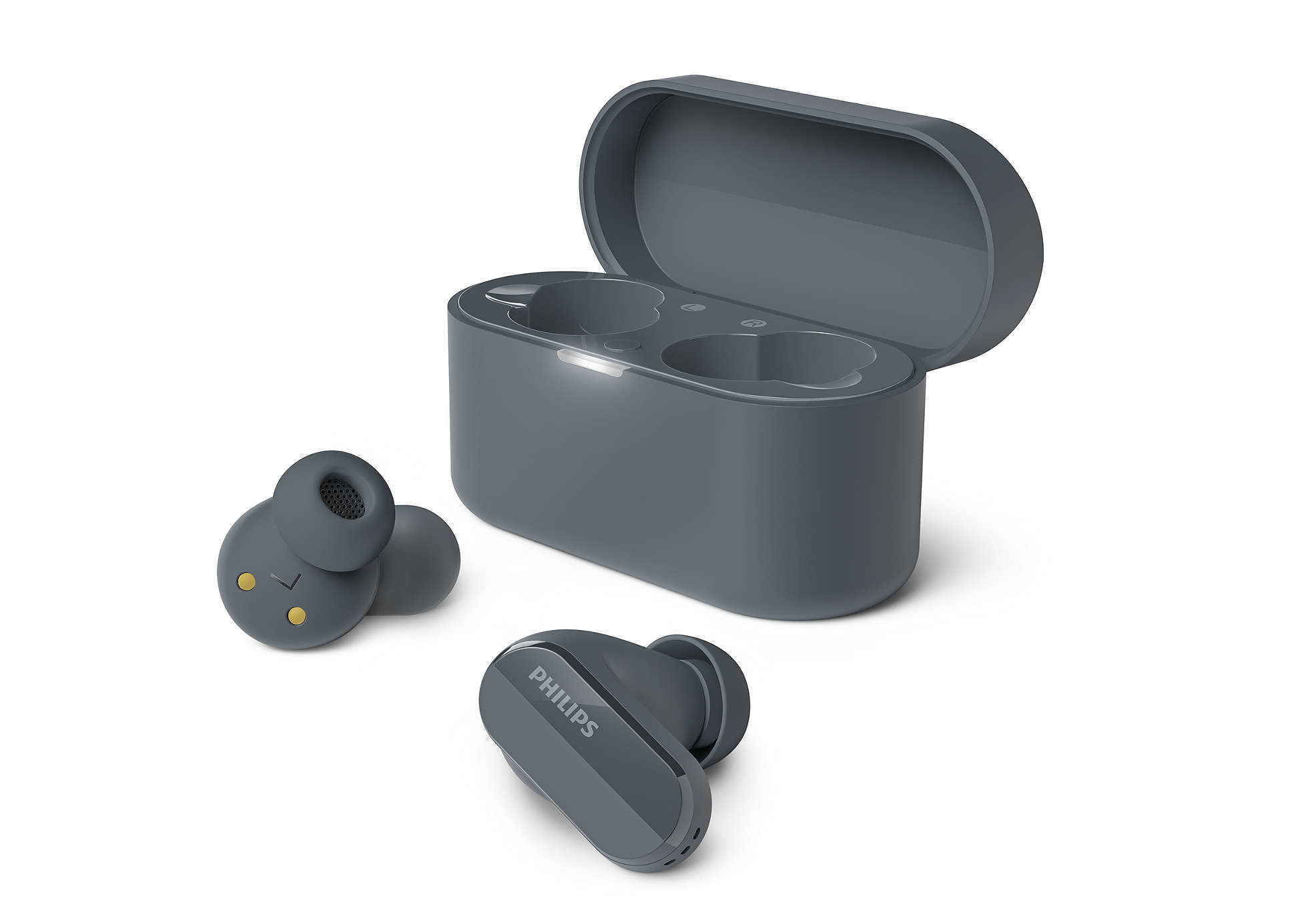 Auriculares Philips grises y estuche de carga, con un auricular separado.