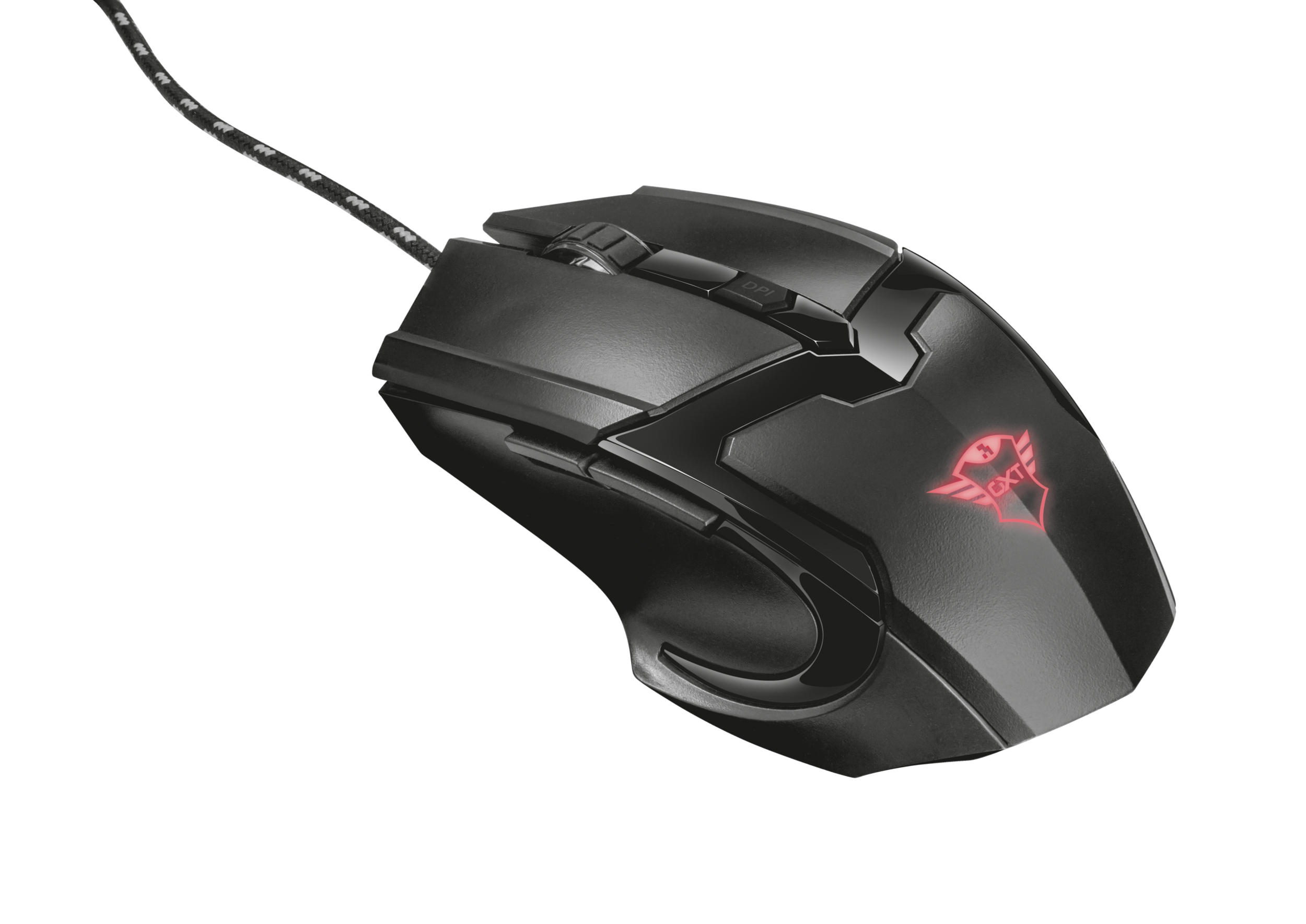 Mouse da gaming Trust nero su sfondo bianco. Ha un logo rosso.