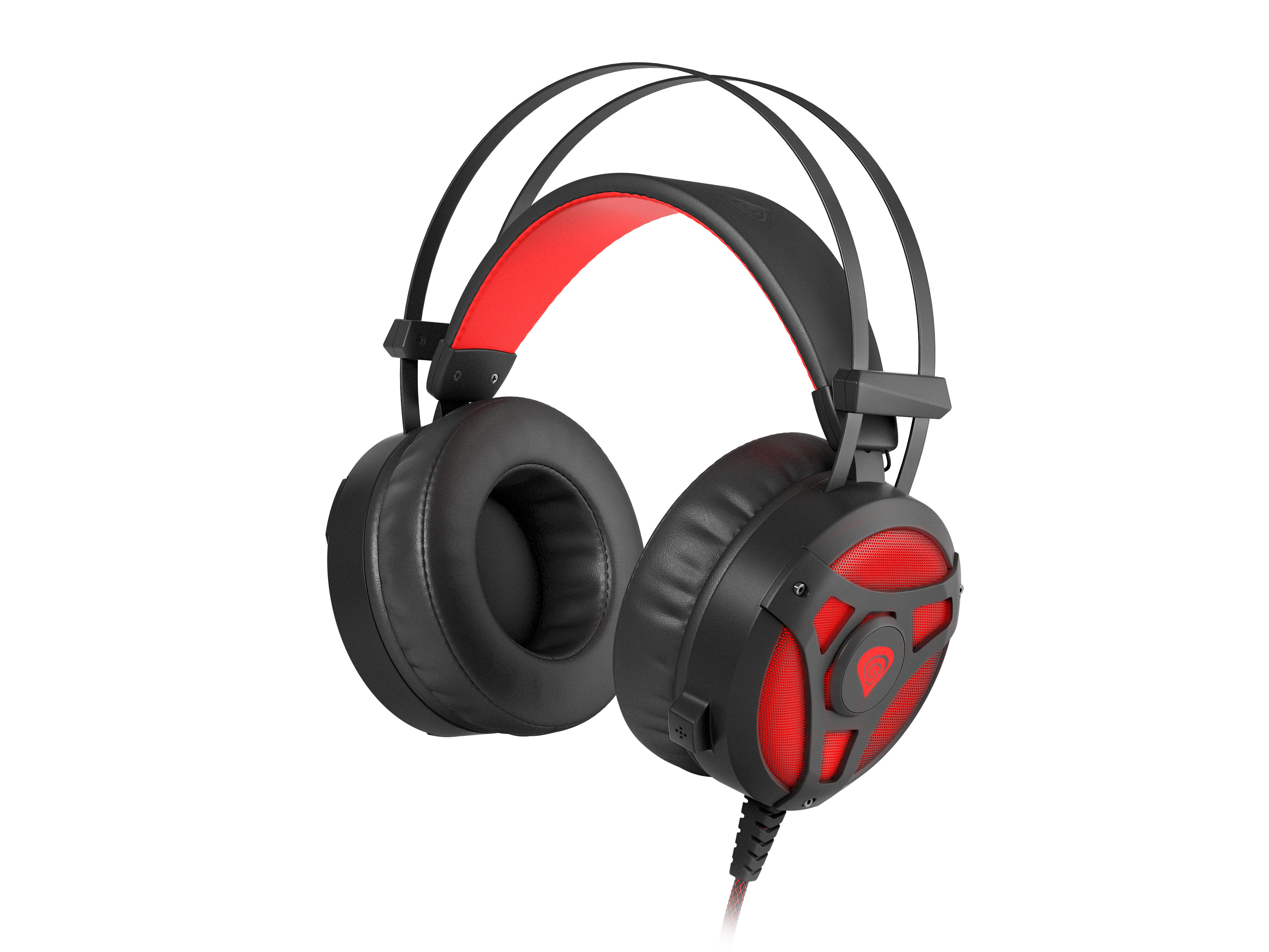 Black and red gaming headset. The headset is angled towards the viewer, showing the microphone.