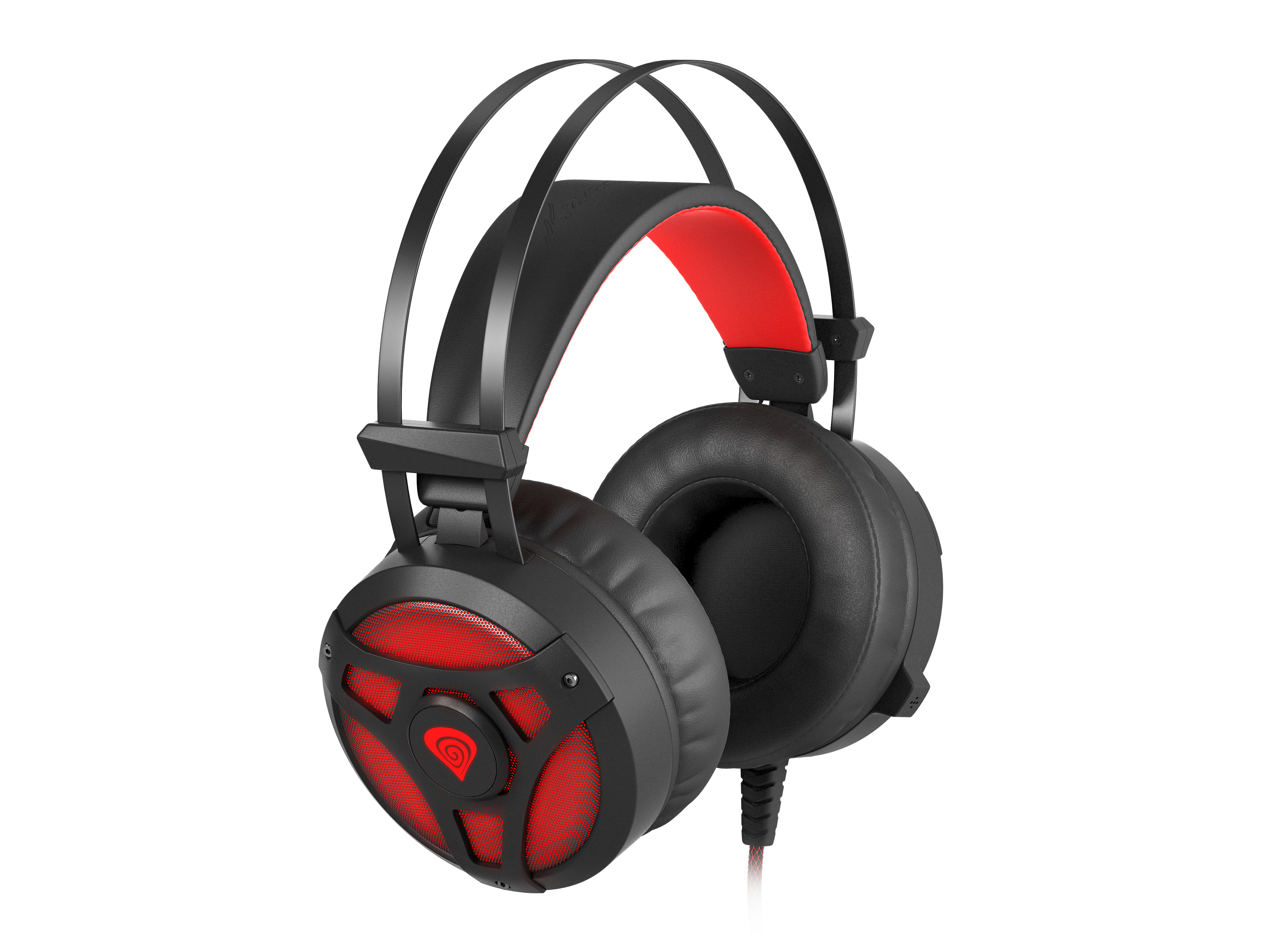 Black and red gaming headset. The headphones have a red mesh and black accents.