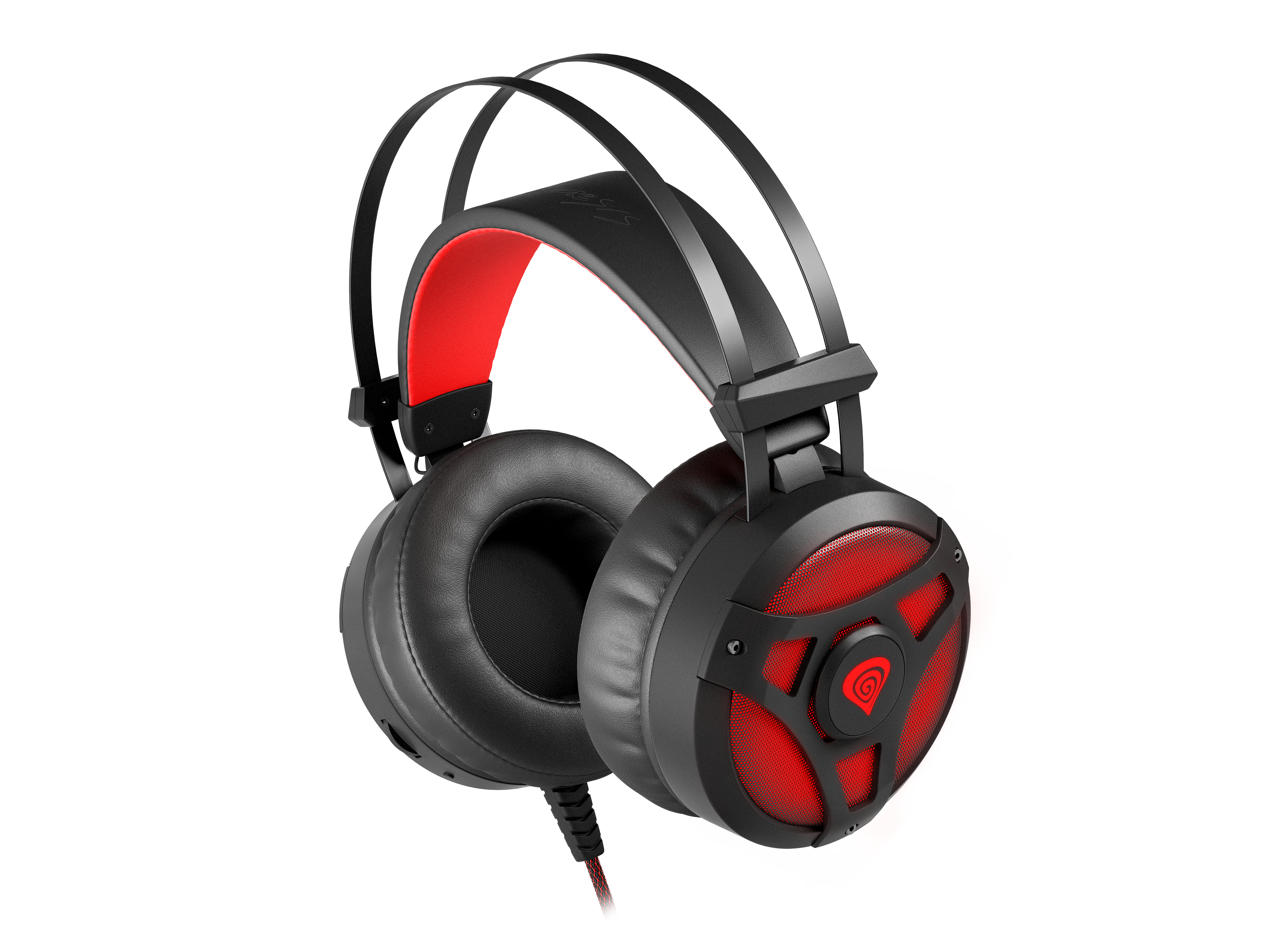 Black and red gaming headset. Over-ear design with red mesh accents on earcups.