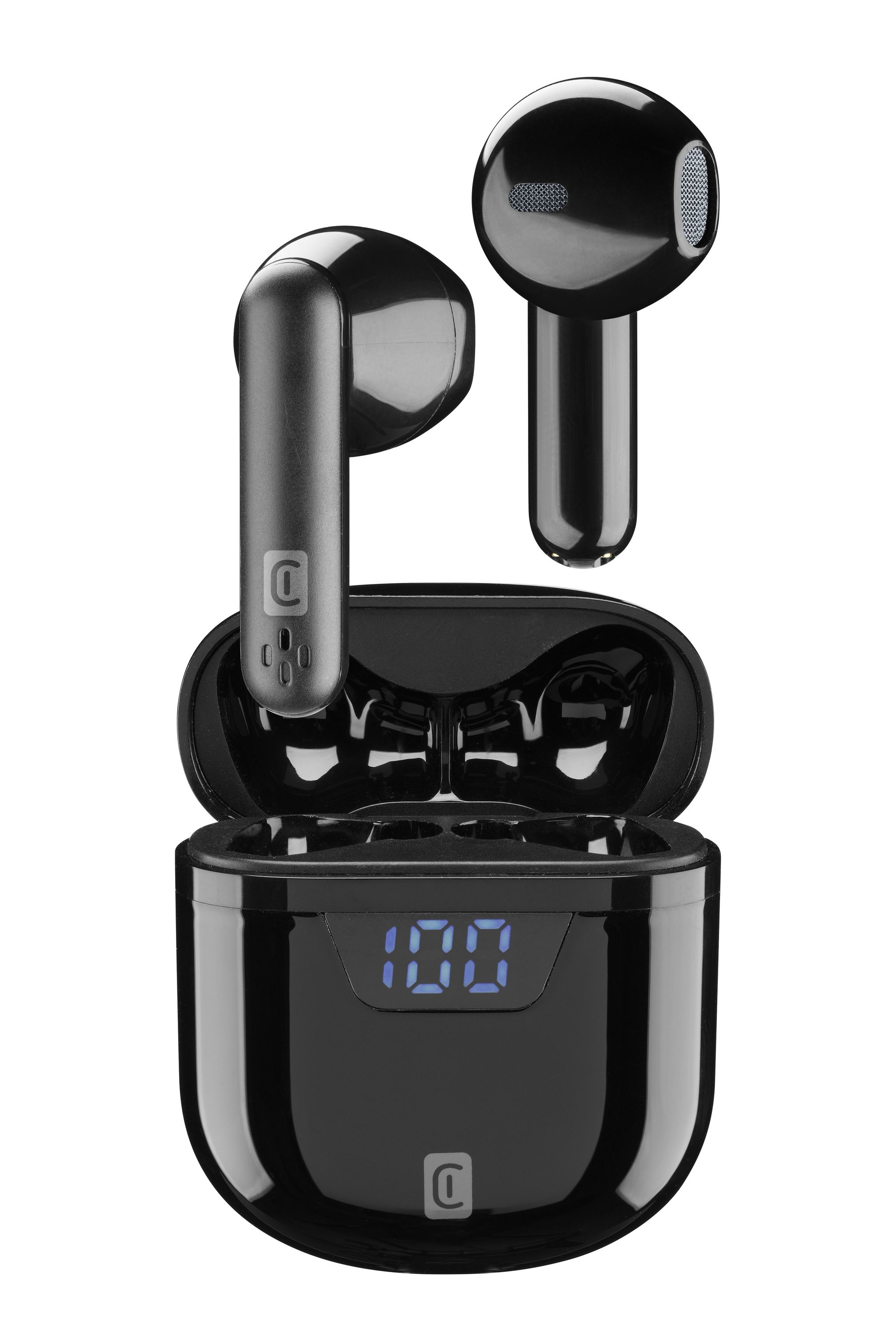 Auricolari wireless neri con custodia di ricarica che mostra il 100%. Custodia e auricolari sono lucidi.