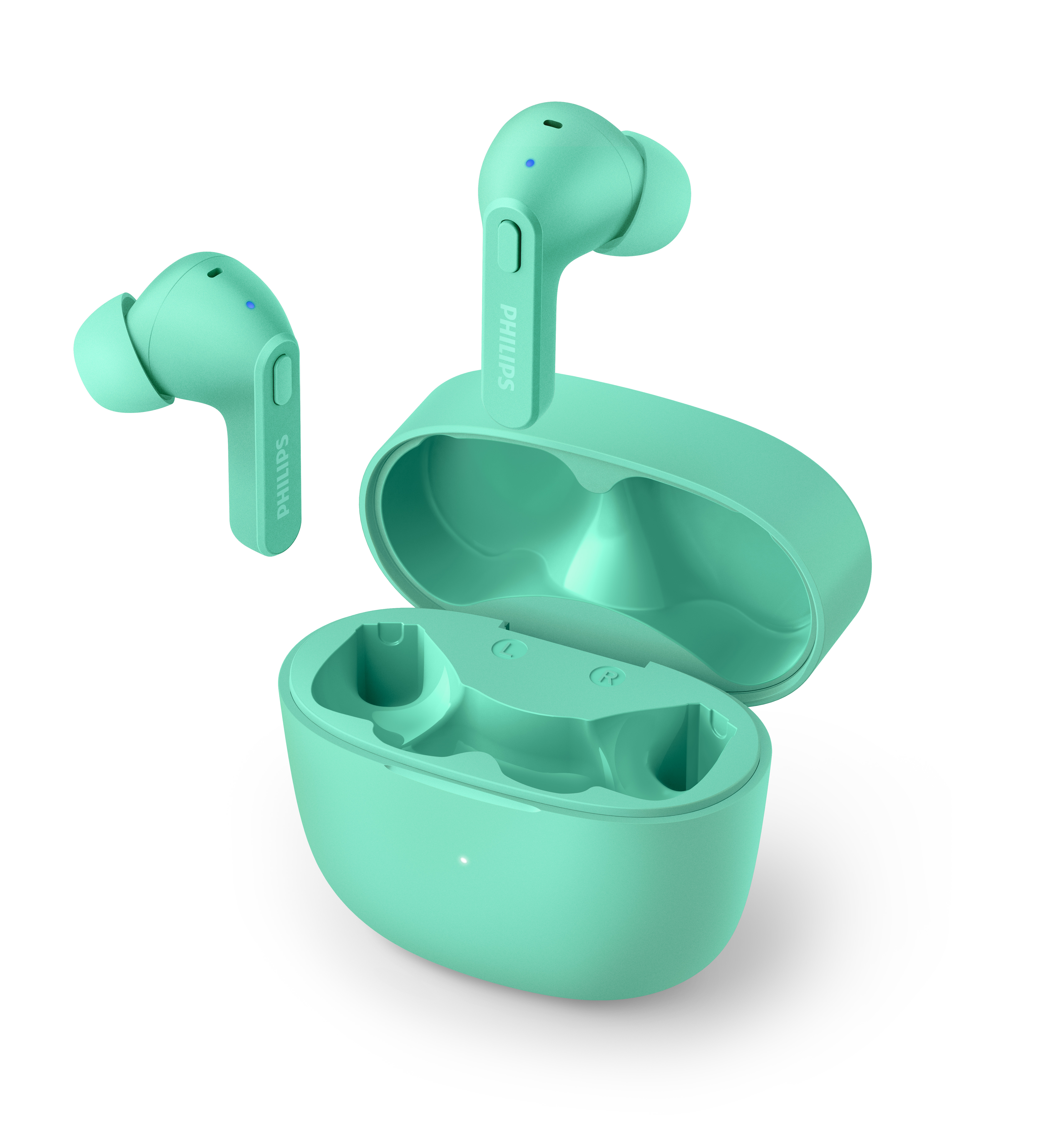 Miętowe słuchawki, otwarte etui, jedna słuchawka osobno.