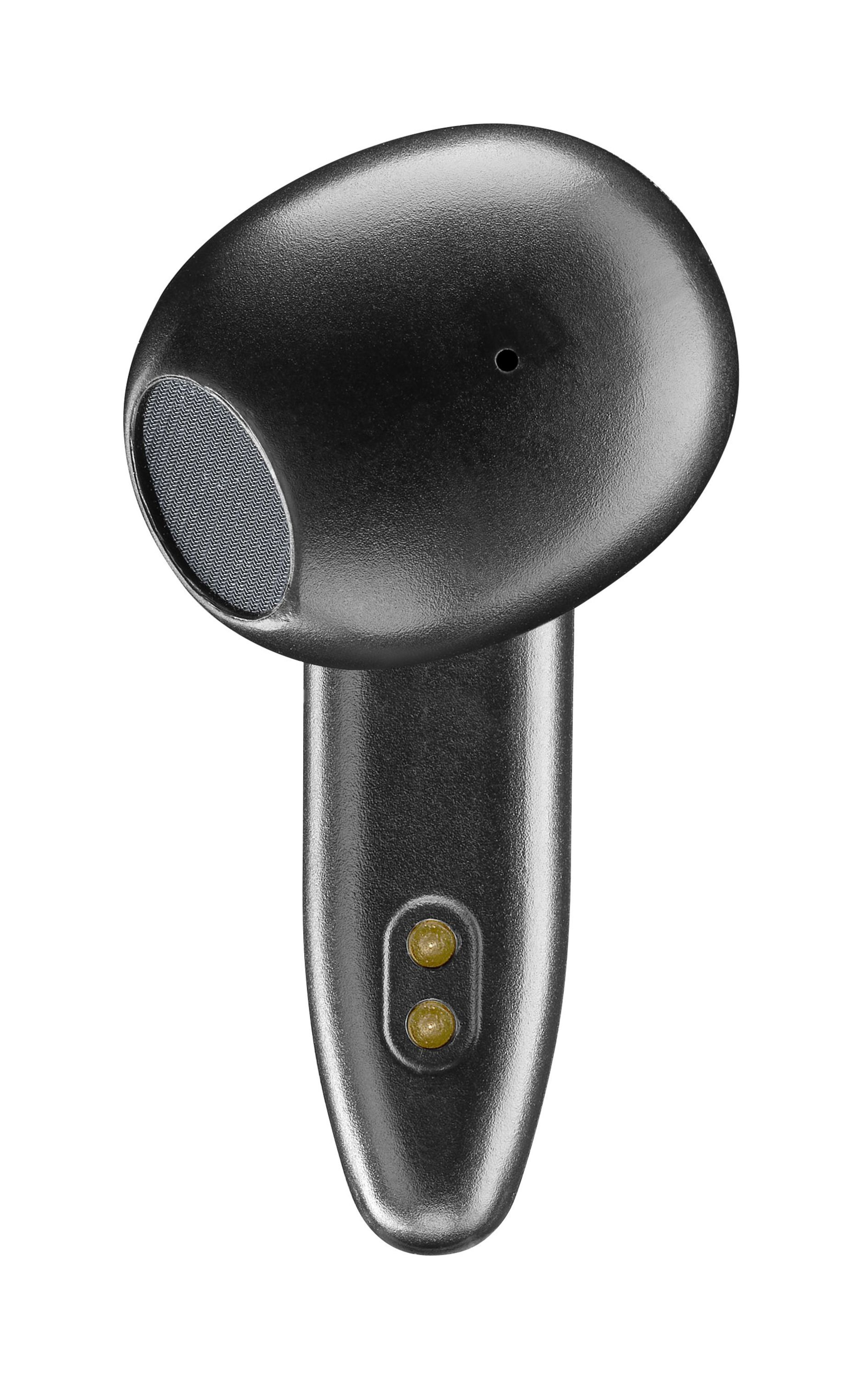 Primo piano di un auricolare nero. Ha una griglia a rete e due punti di contatto dorati.