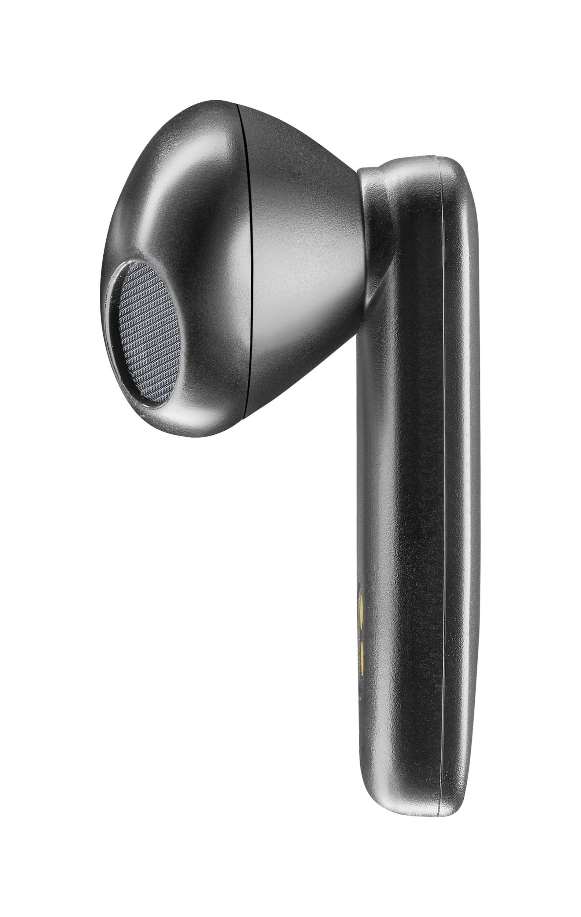 Auricolare wireless nero su sfondo bianco. Ha un lungo stelo. La parte anteriore ha una rete.