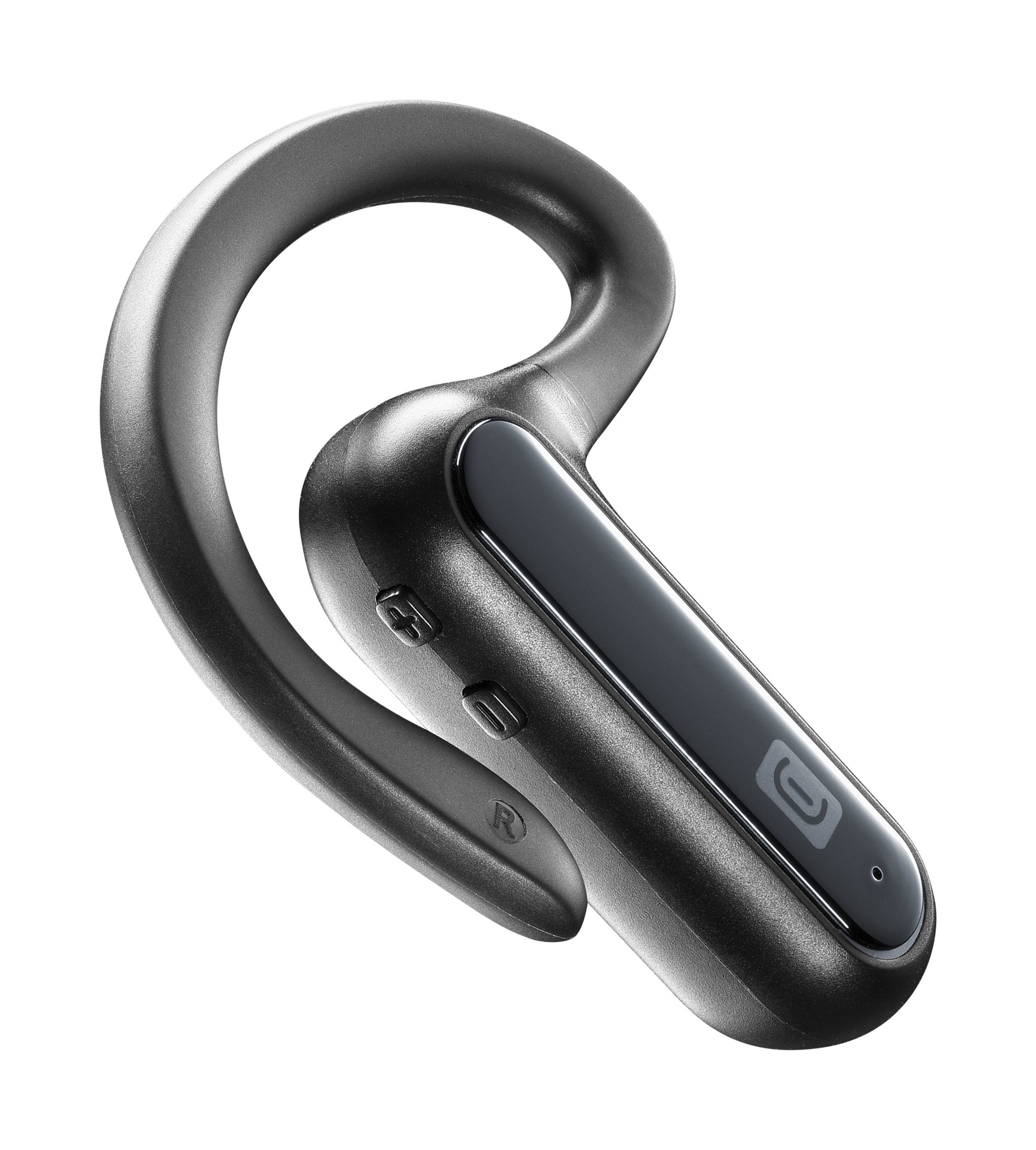Ein schwarzes Ohrbügel-Headset. Es hat Knöpfe und ein Mikrofon.