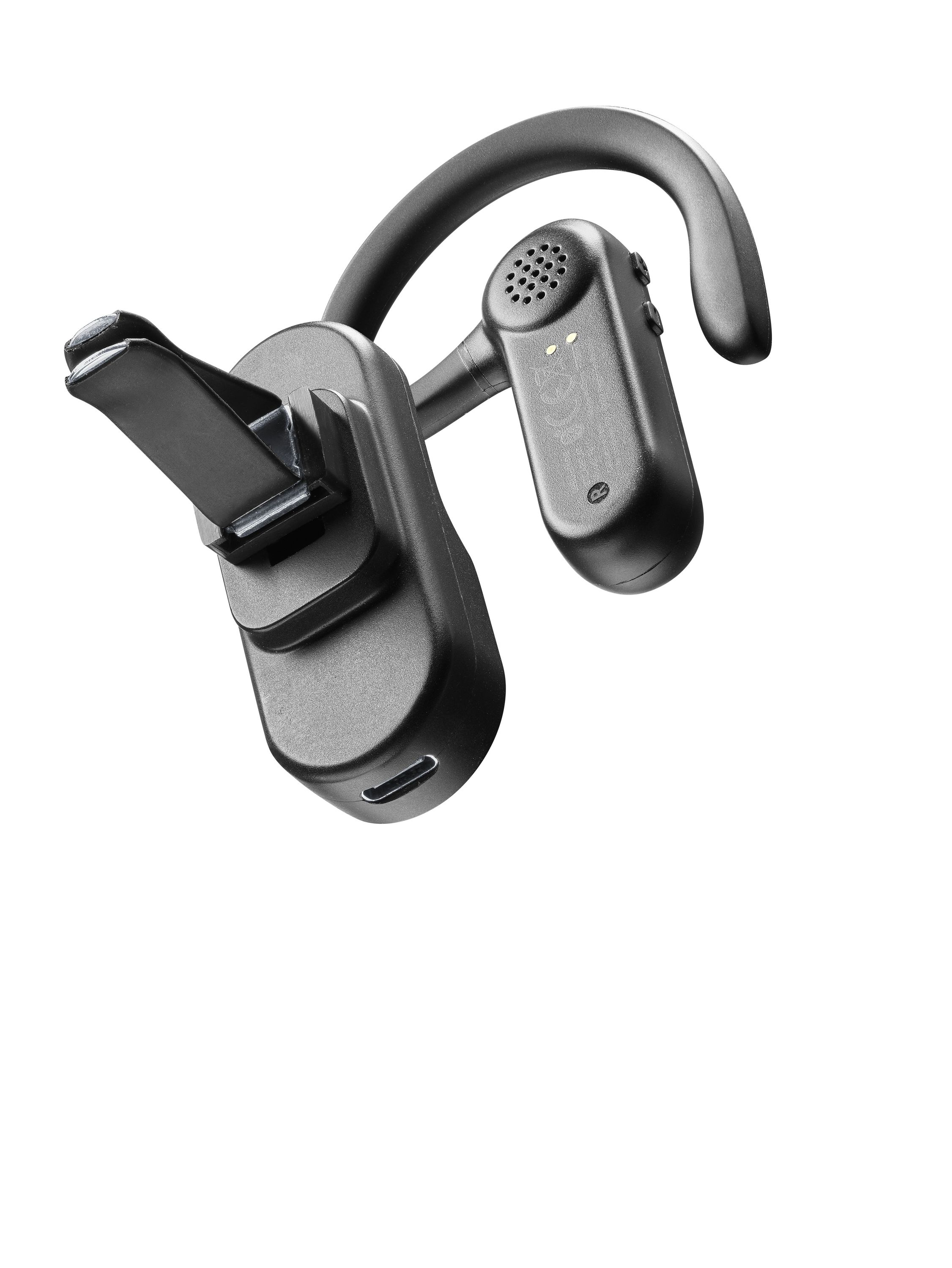 Schwarzes Headset mit Mikrofonarm. Das Headset ist schwarz, mit Mikrofonarm.