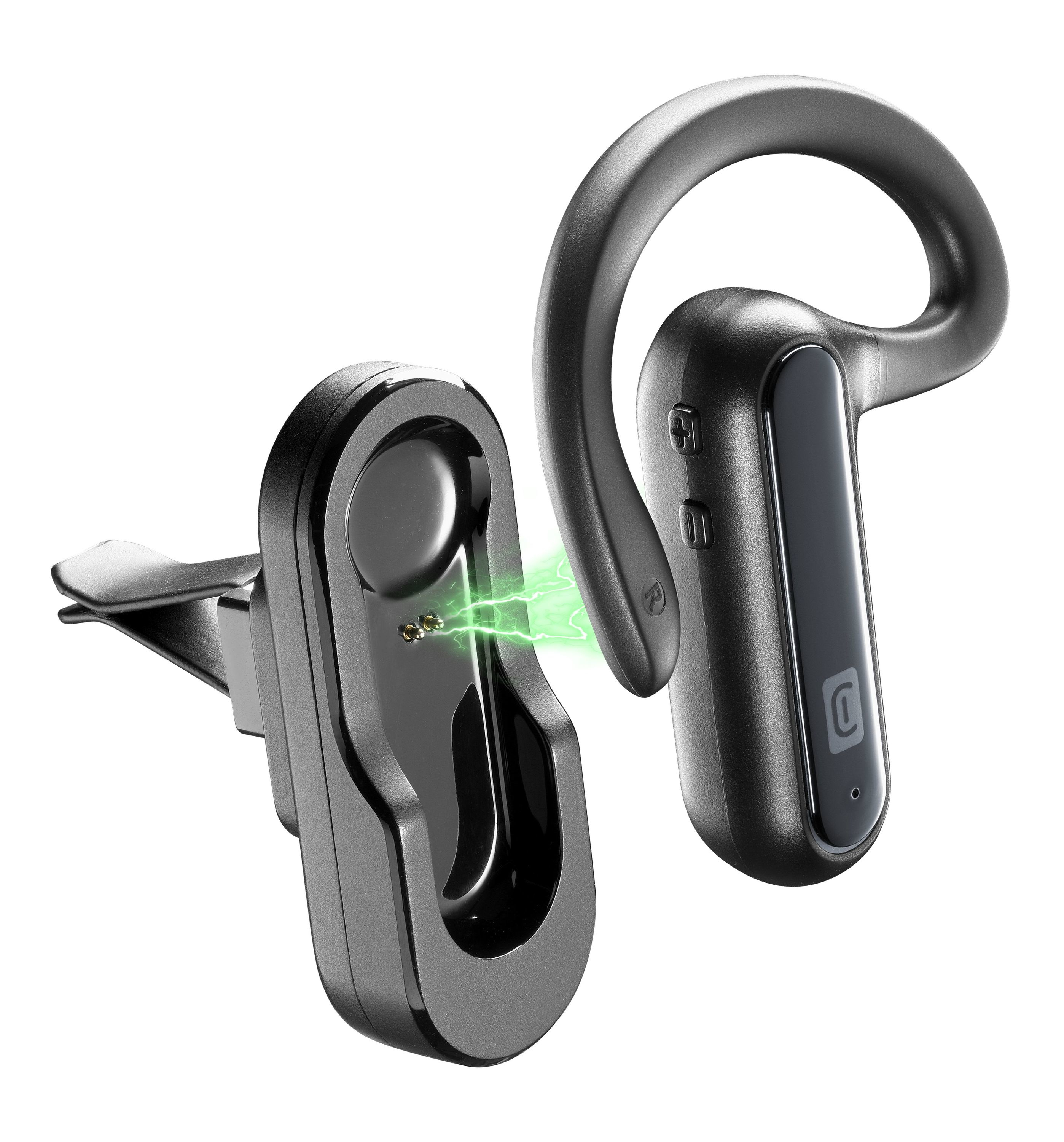 Schwarzes Bluetooth-Headset mit Ladestation. Grüne Energielinien. Weißer Hintergrund.