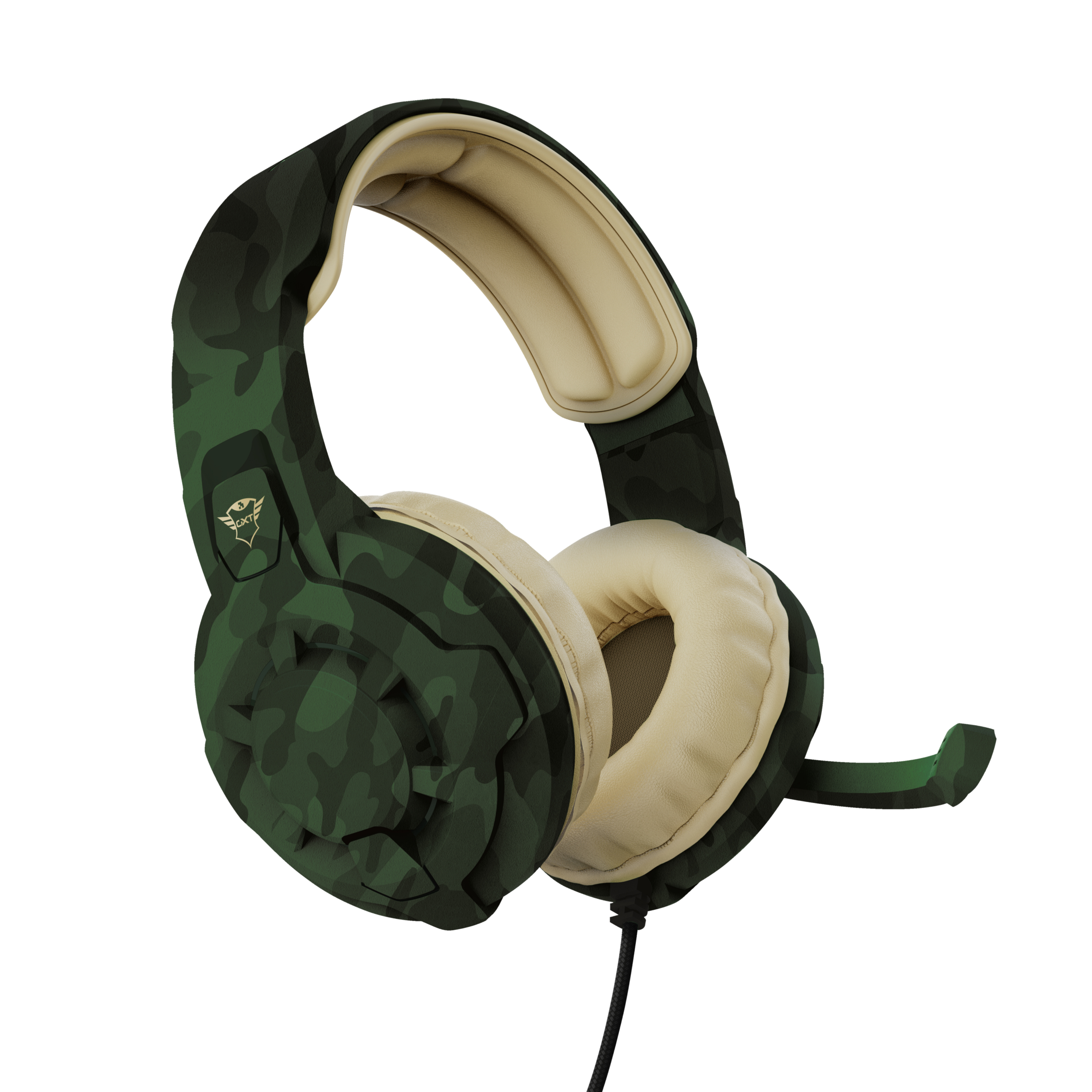 Cuffie da gioco mimetica verde con microfono. Sfondo bianco.