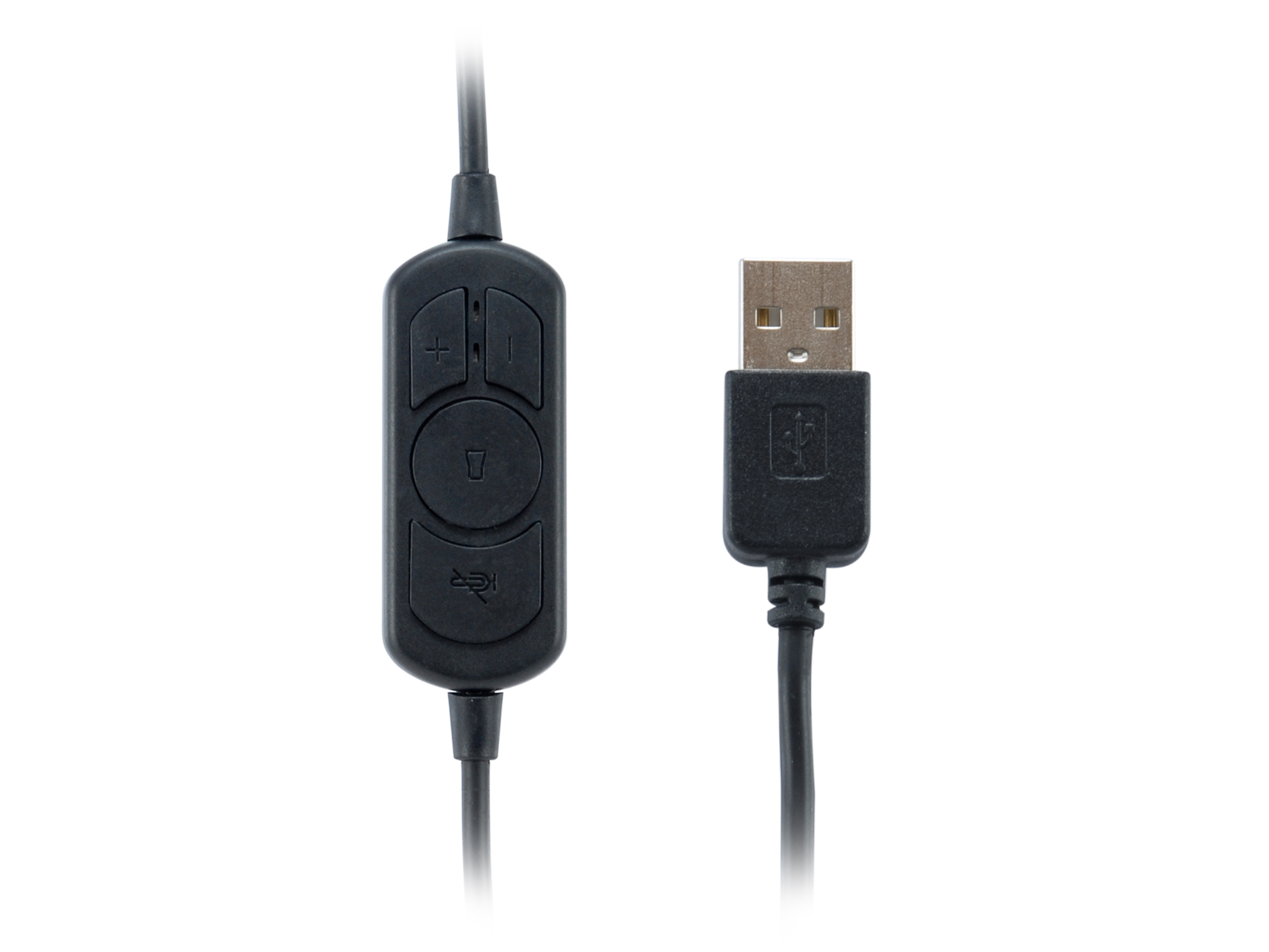 Contrôle de casque noir avec boutons de volume et connecteur USB. Les boutons sont étiquetés pour le volume et le silence.