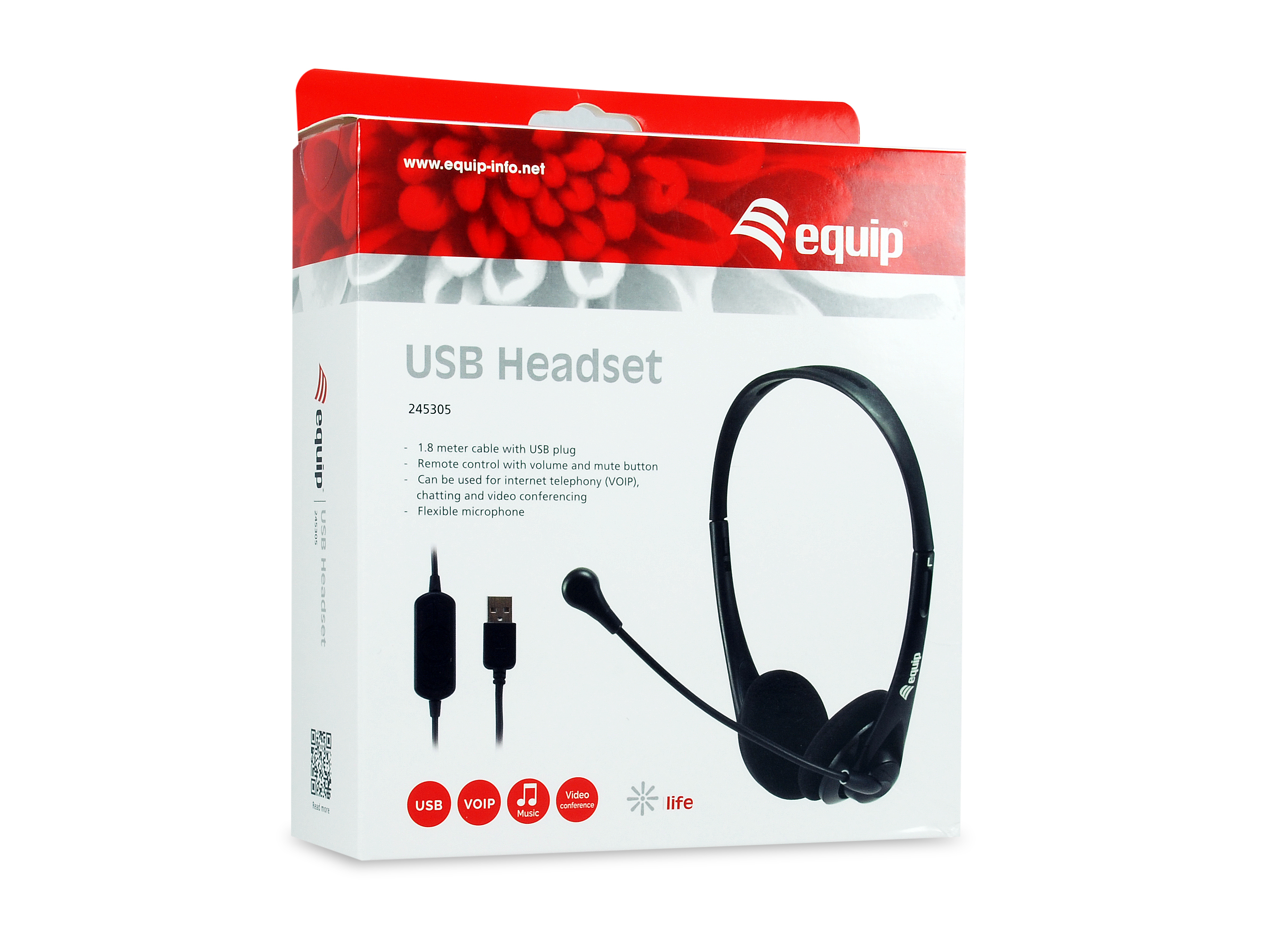 Une boîte avec un casque USB, sur fond blanc. La boîte a un design rouge et blanc.