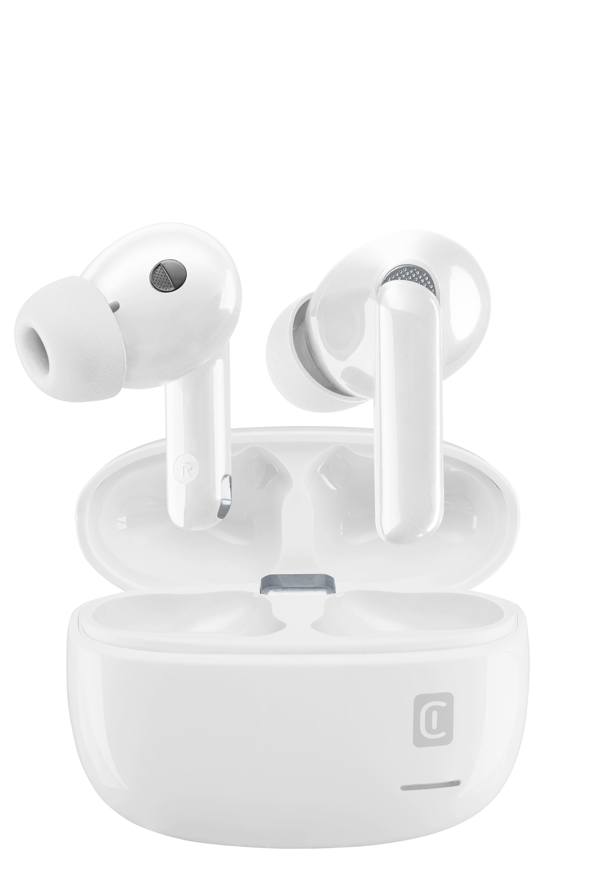 Auricolari bianchi con steli e custodia di ricarica, aperti, che mostrano gli auricolari. Sfondo bianco.