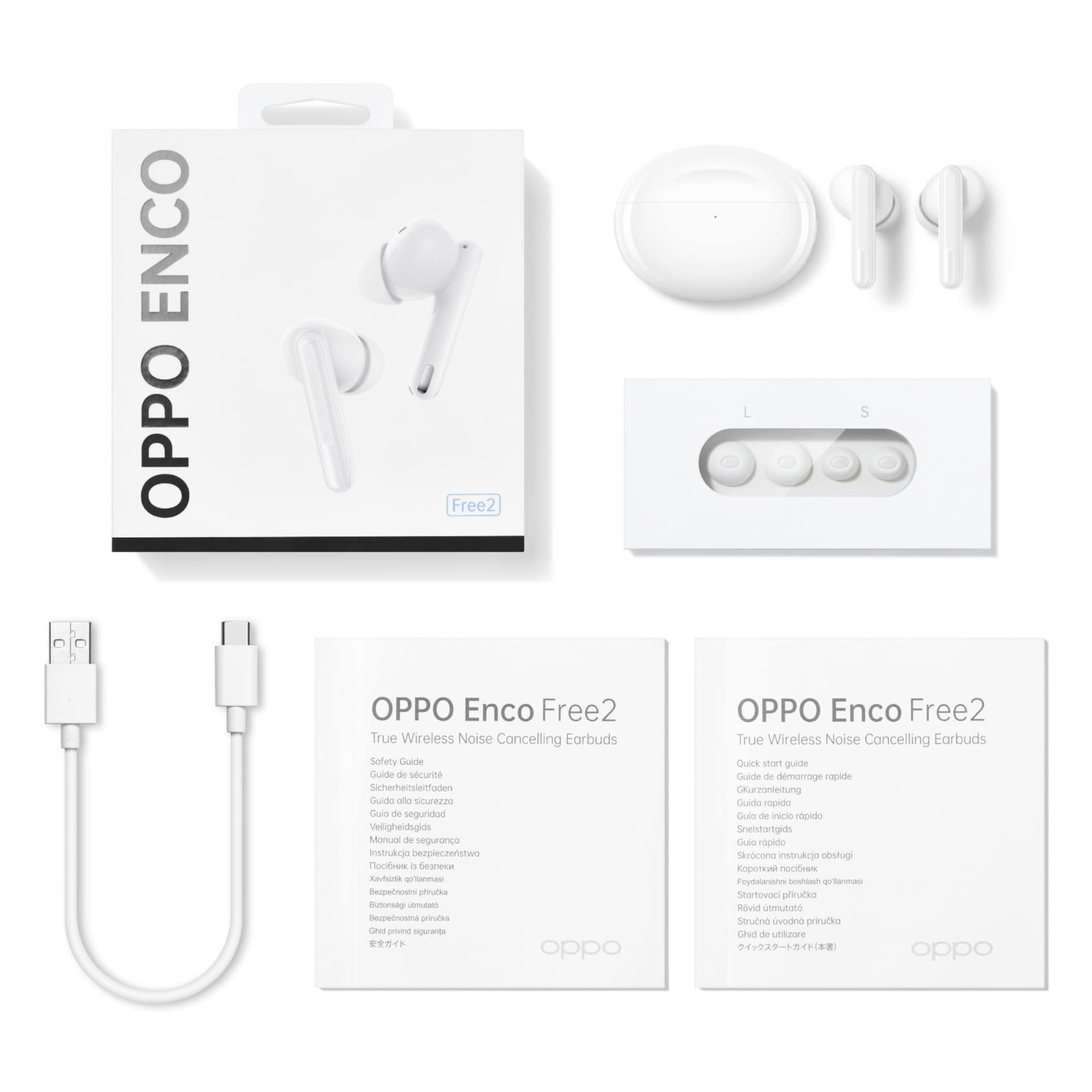 White Oppo Enco Free2 earbuds with packaging and accessories on a white background.