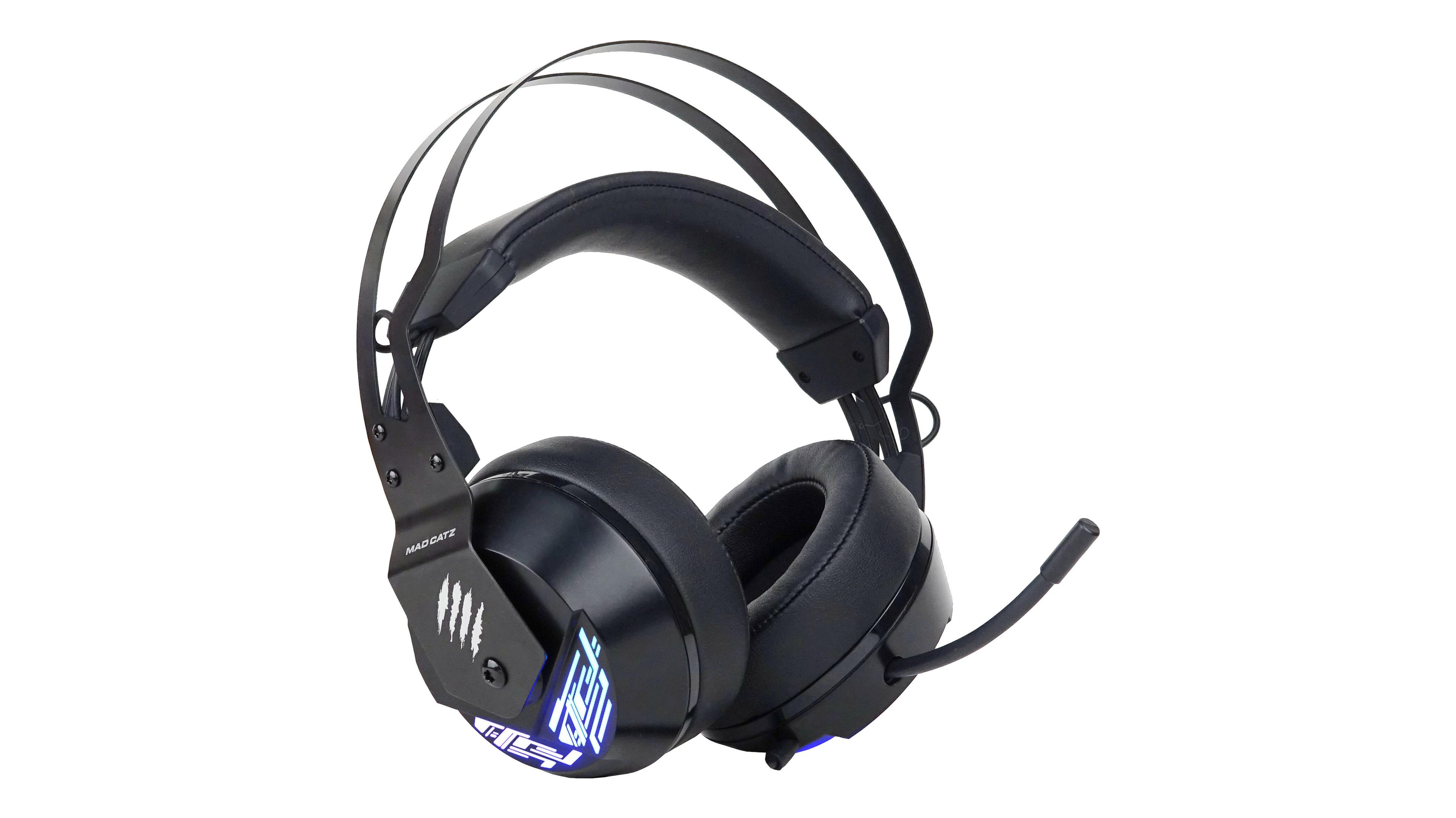 Czarne słuchawki dla graczy z mikrofonem, na białym tle. Posiada niebieskie akcenty.