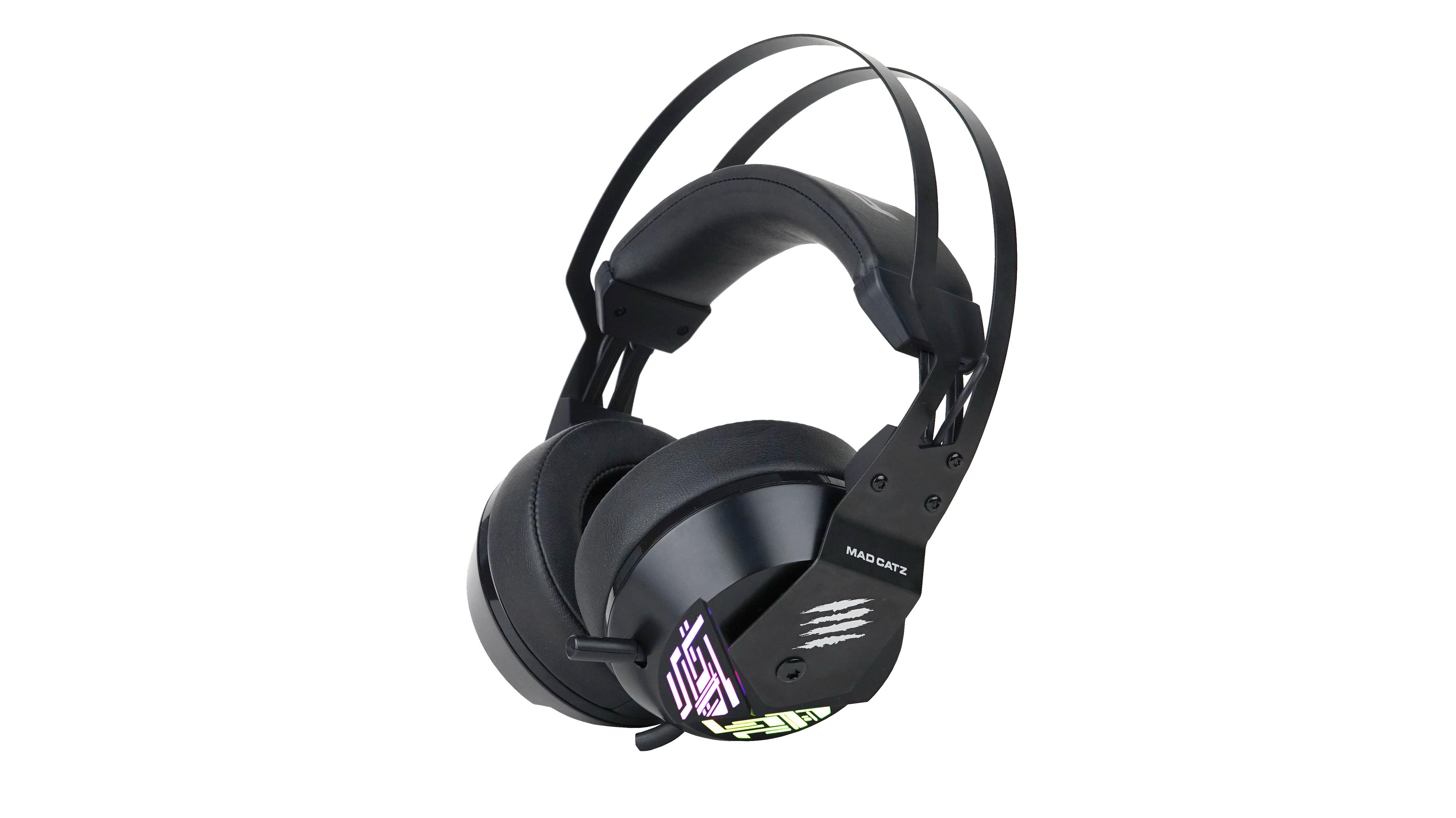 Czarny zestaw słuchawkowy do gier z białymi i fioletowymi akcentami. Tło jest białe.