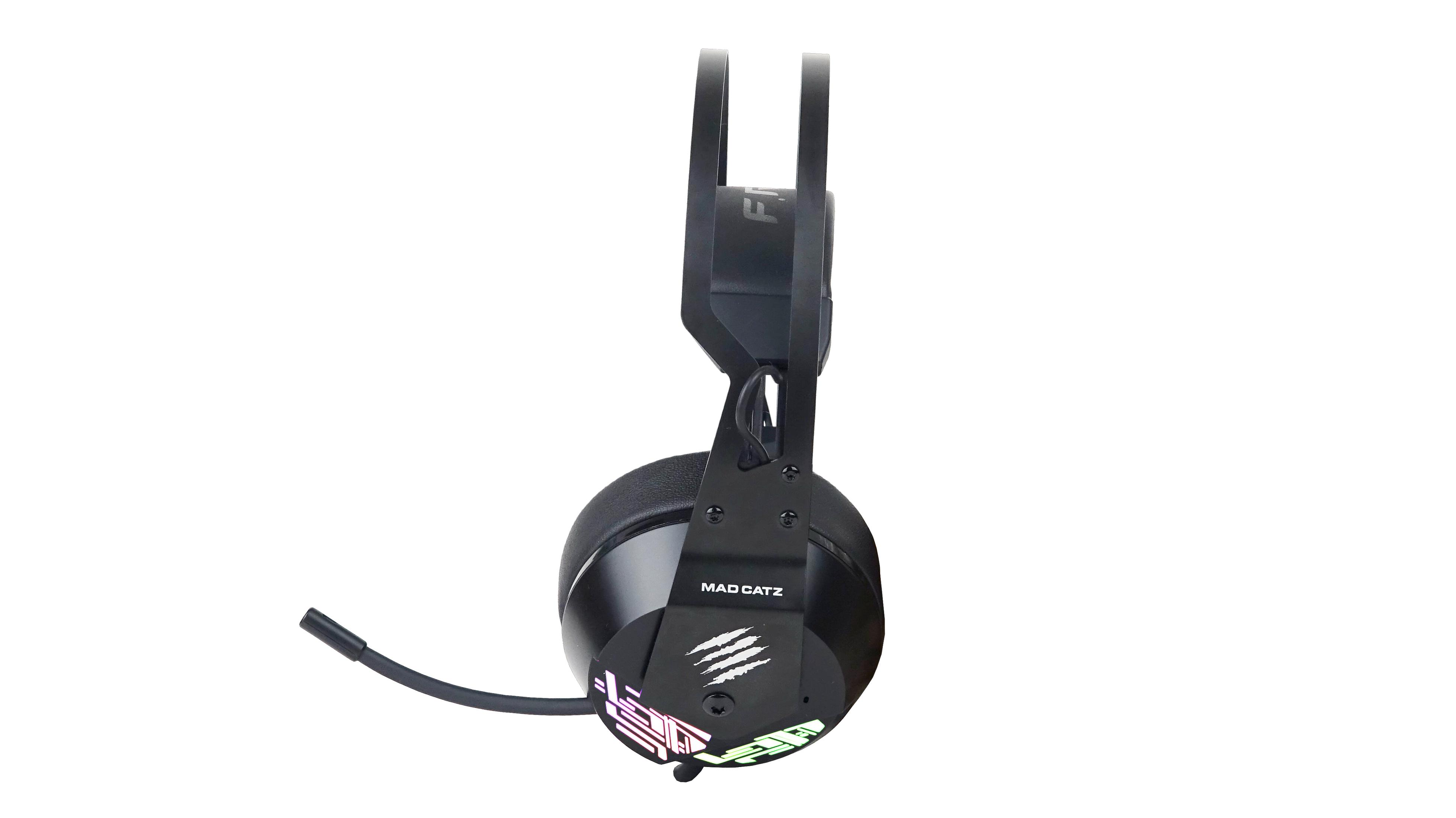 Zestaw słuchawkowy z logo Mad Catz i mikrofonem na białym tle.