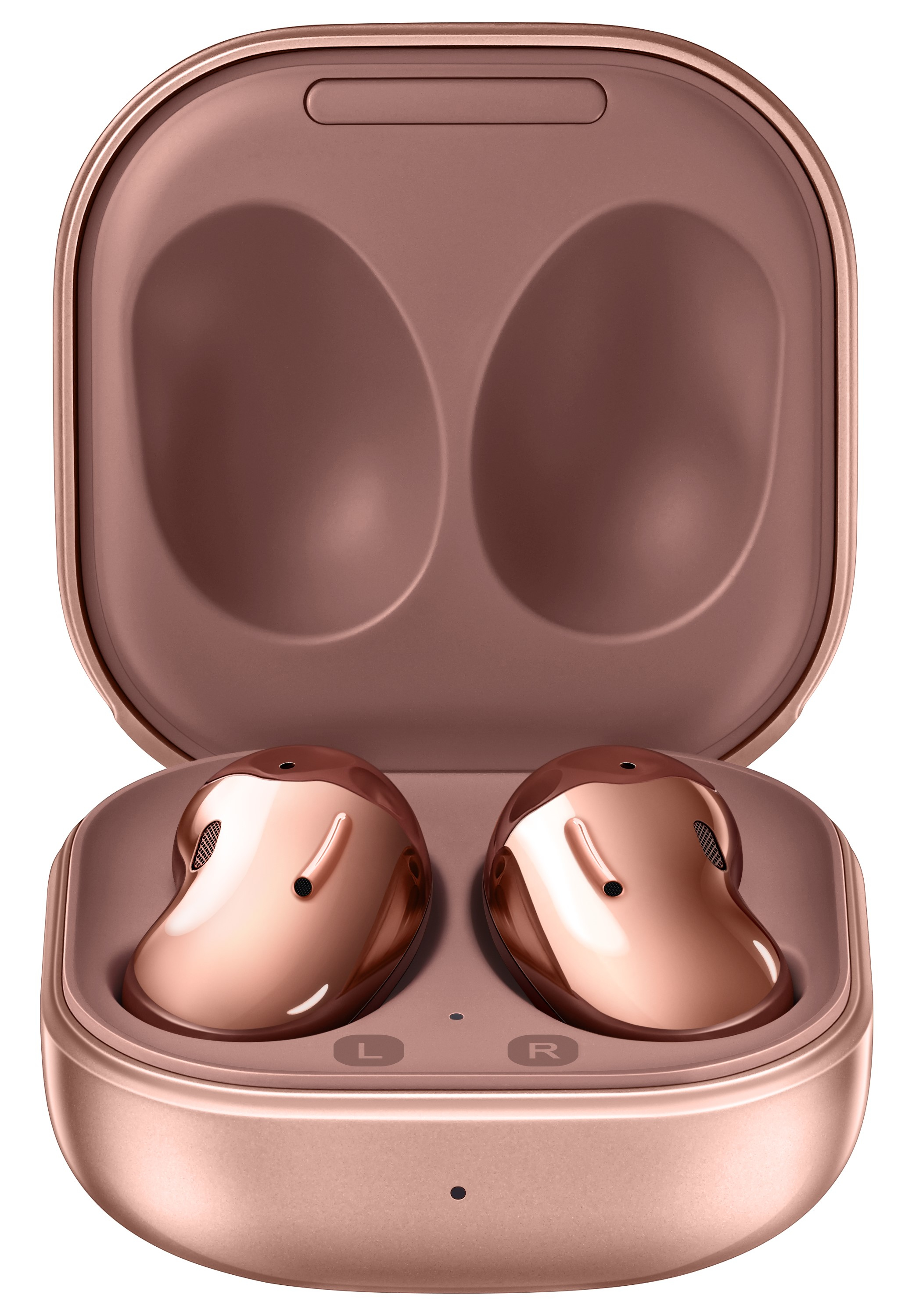 Roségoldene Ohrhörer in passendem Etui, offen auf weißem Hintergrund.