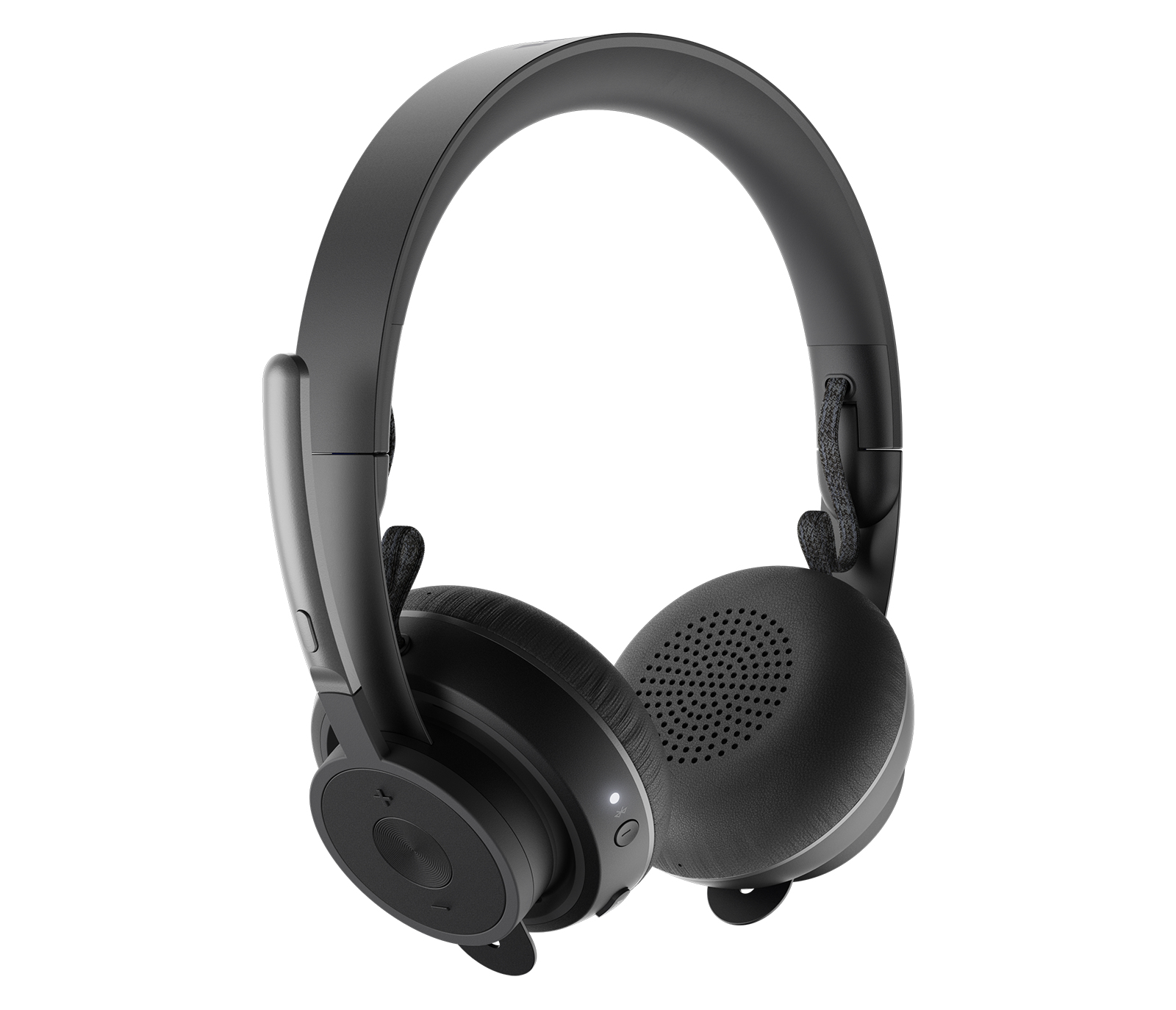 Cuffie nere con microfono e controlli integrati. Il design è elegante e moderno.