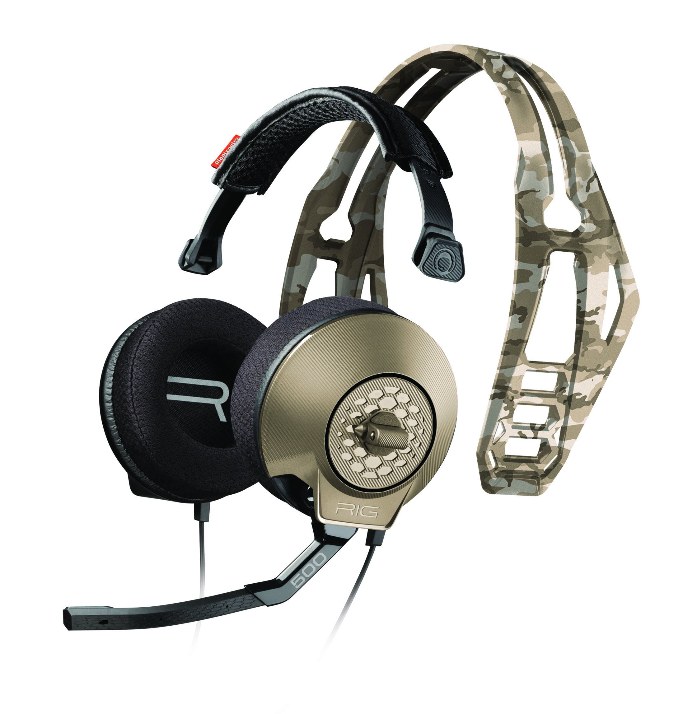 Schwarz-beiges Gaming-Headset. Tarnmuster am Bügel. Goldene Ohrmuscheln mit Mikrofon.