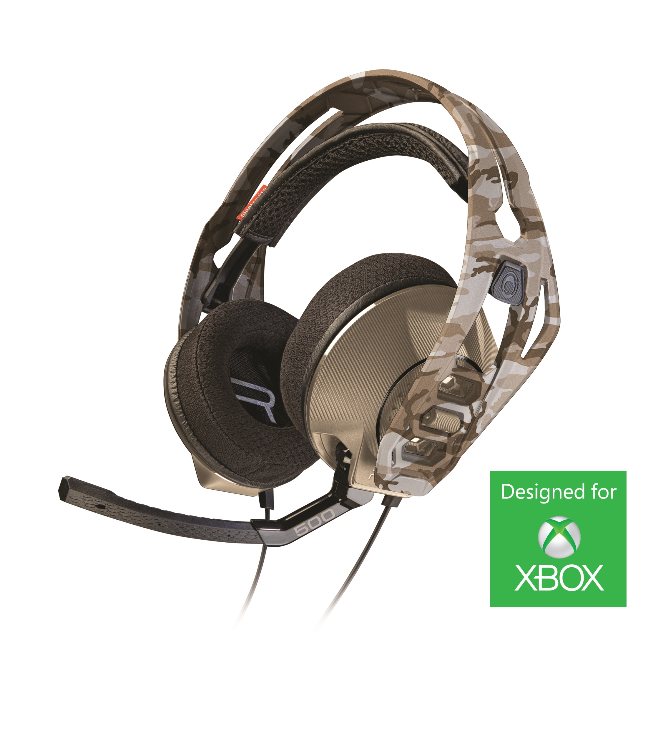 Gaming-Headset mit Tarnmuster und Mikrofon. Der Hintergrund ist weiß.