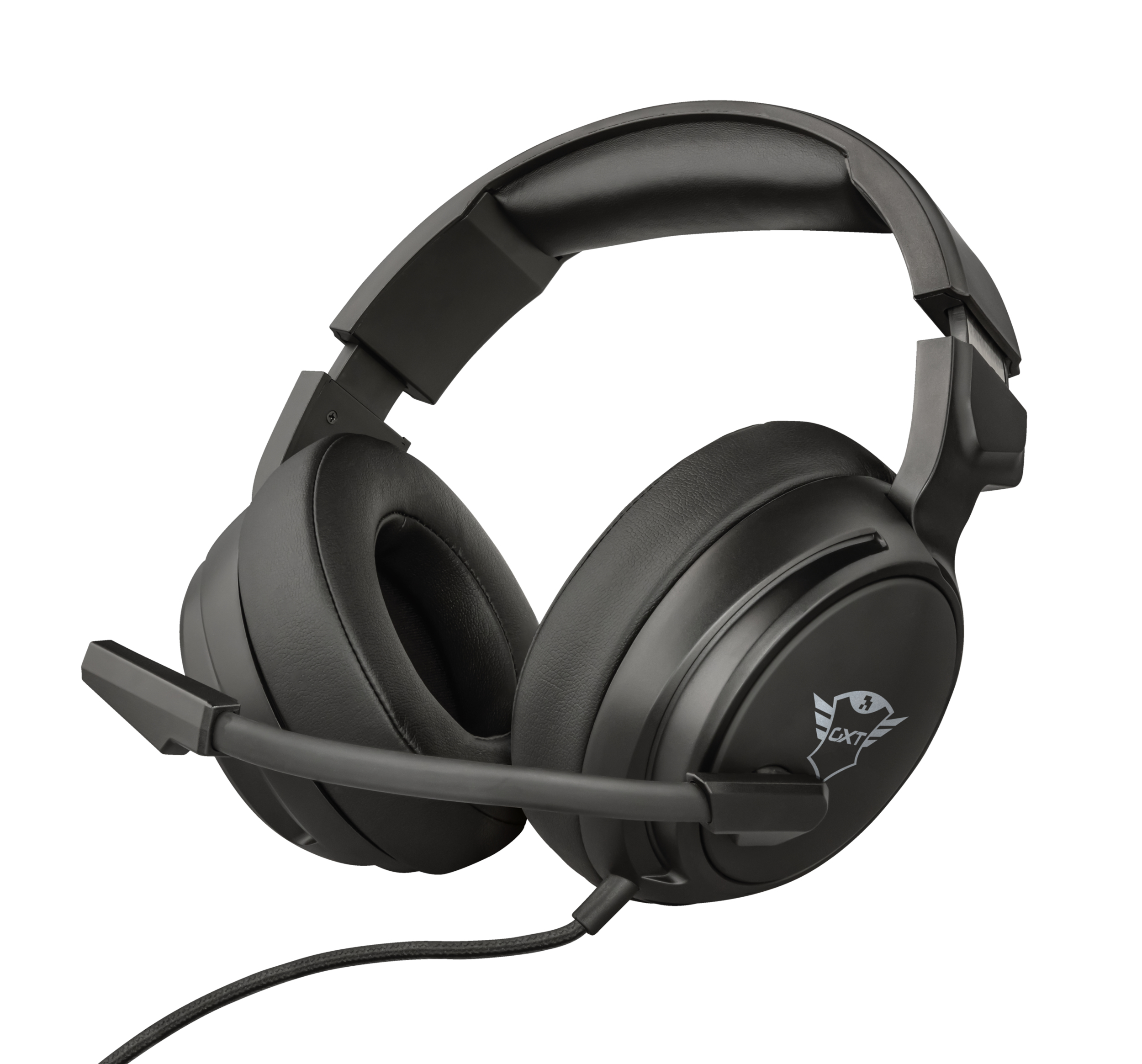 Schwarzes Gaming-Headset mit Mikrofon. Die Marke ist Trust.