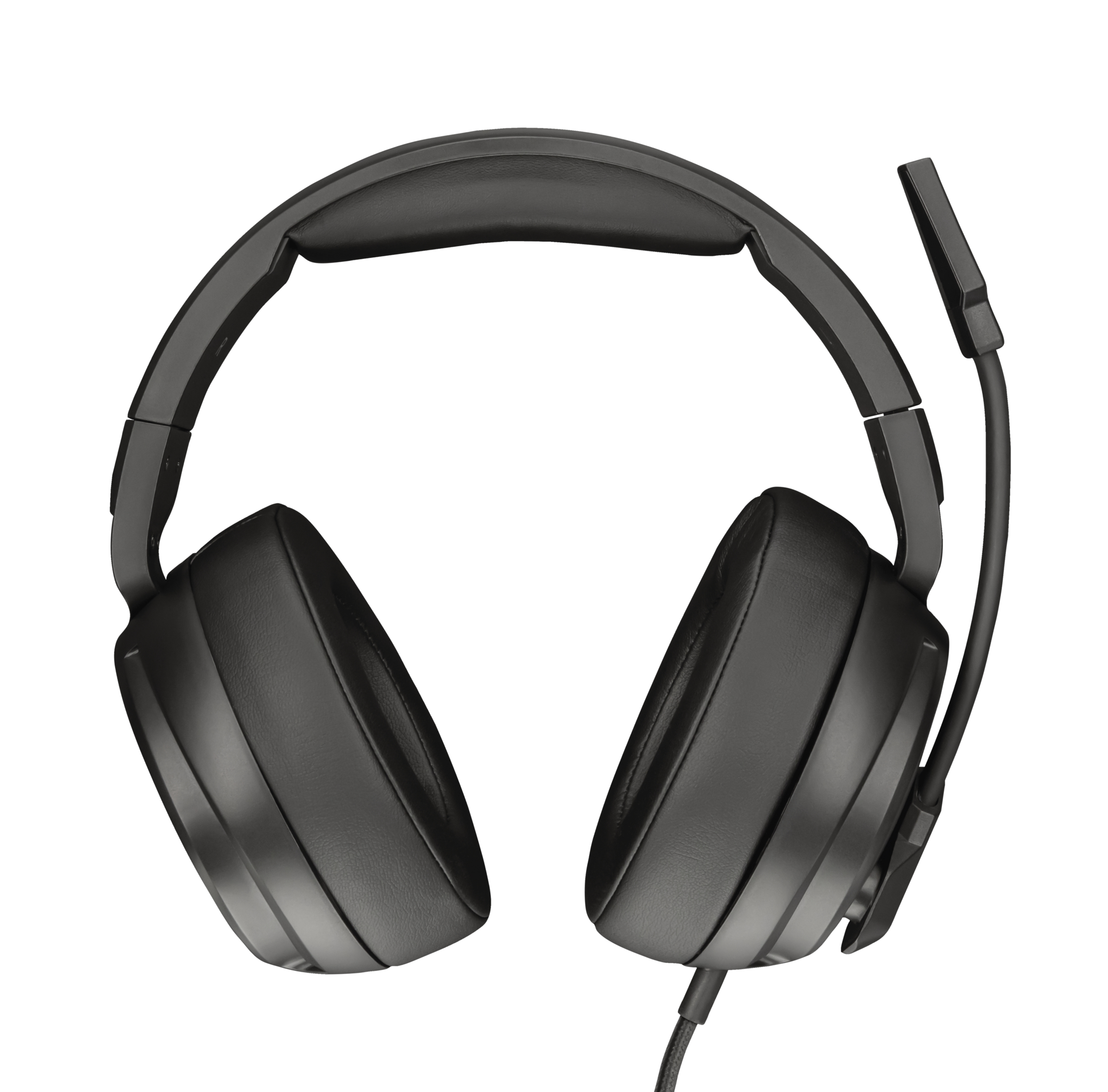 Schwarzes Gaming-Headset mit Mikrofon. Das Headset hat große Ohrmuscheln und einen Kopfbügel.