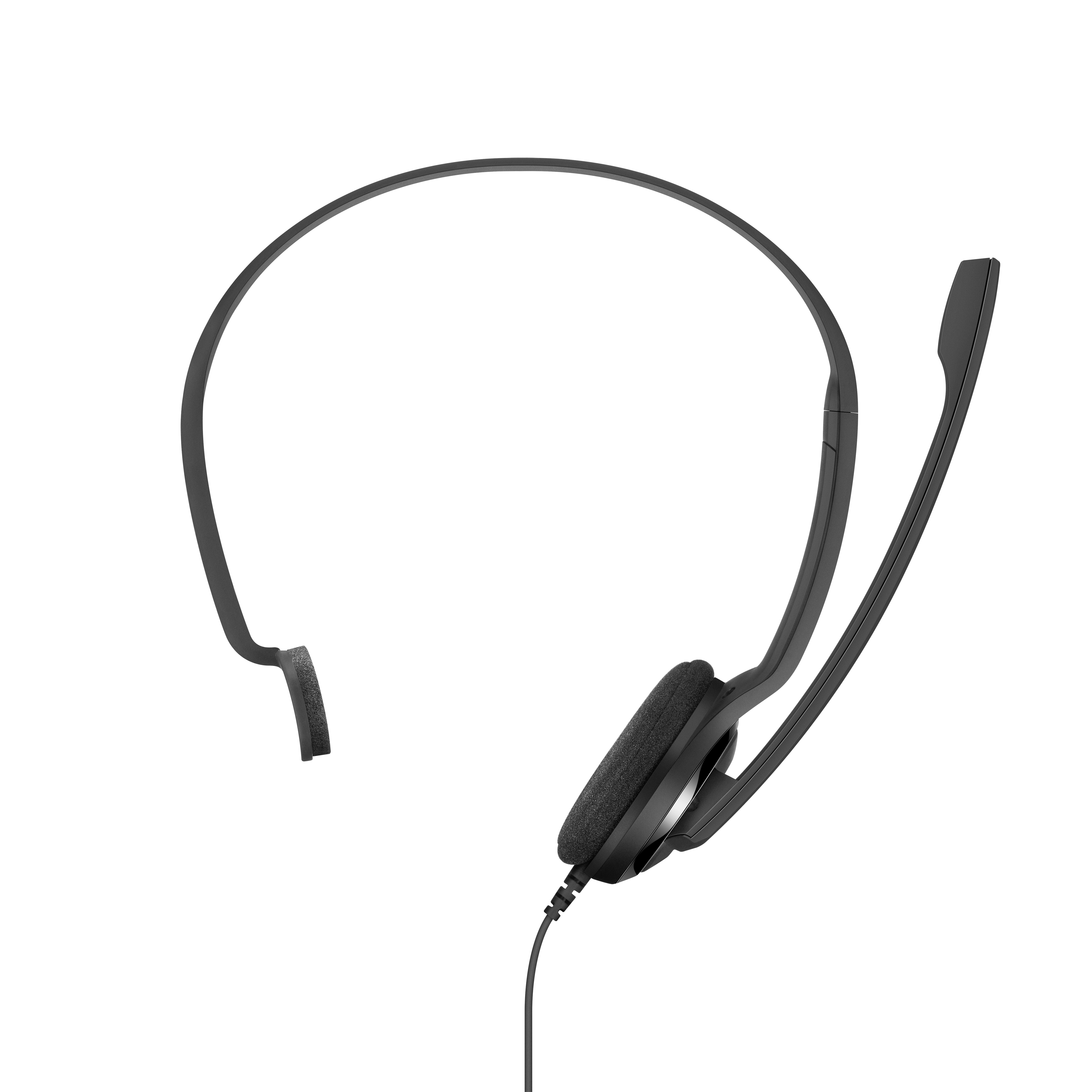 Un auricular negro con micrófono. Tiene una diadema y un micrófono de brazo flexible.