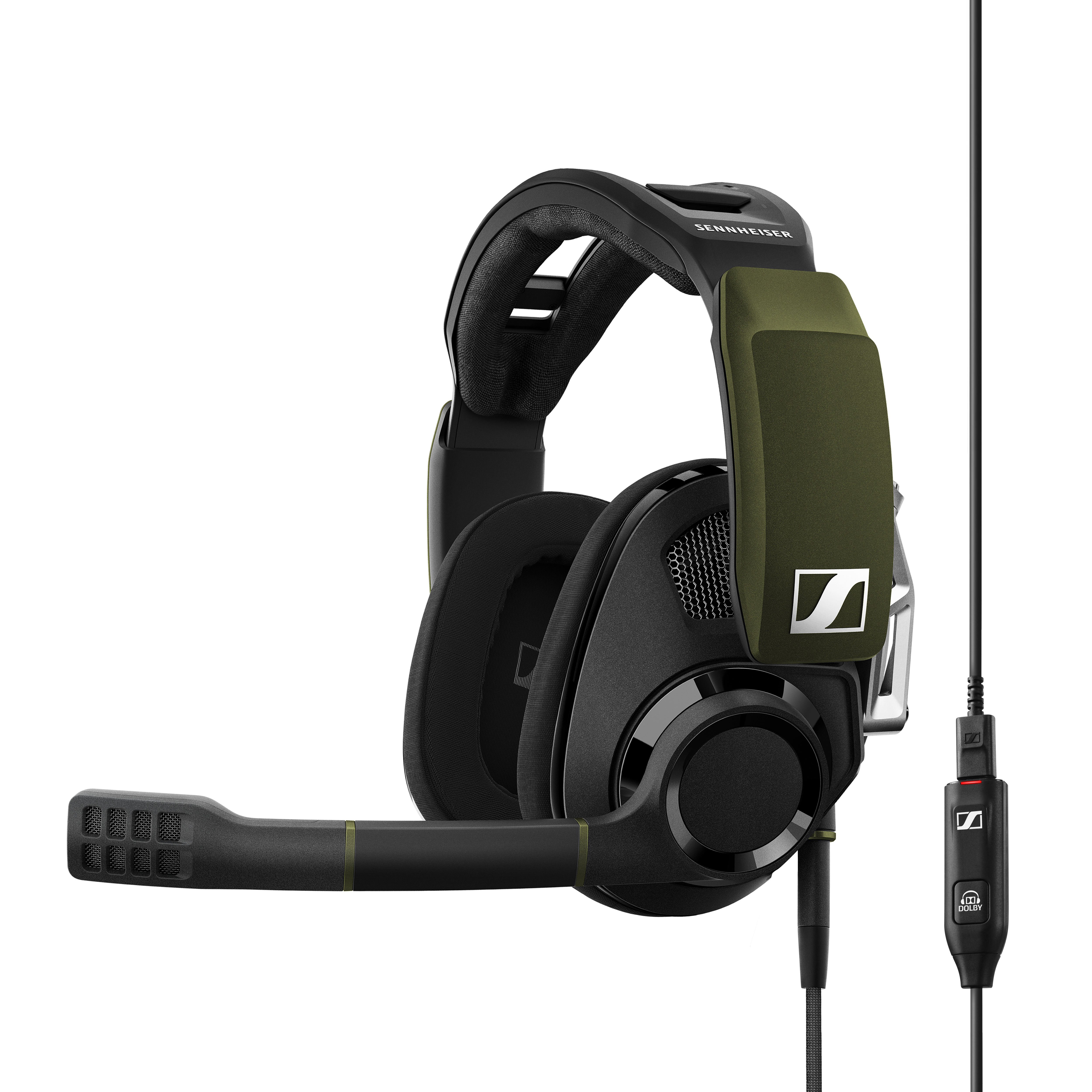 Auriculares Sennheiser negros y verdes con micrófono. Fondo blanco. Cable y control.