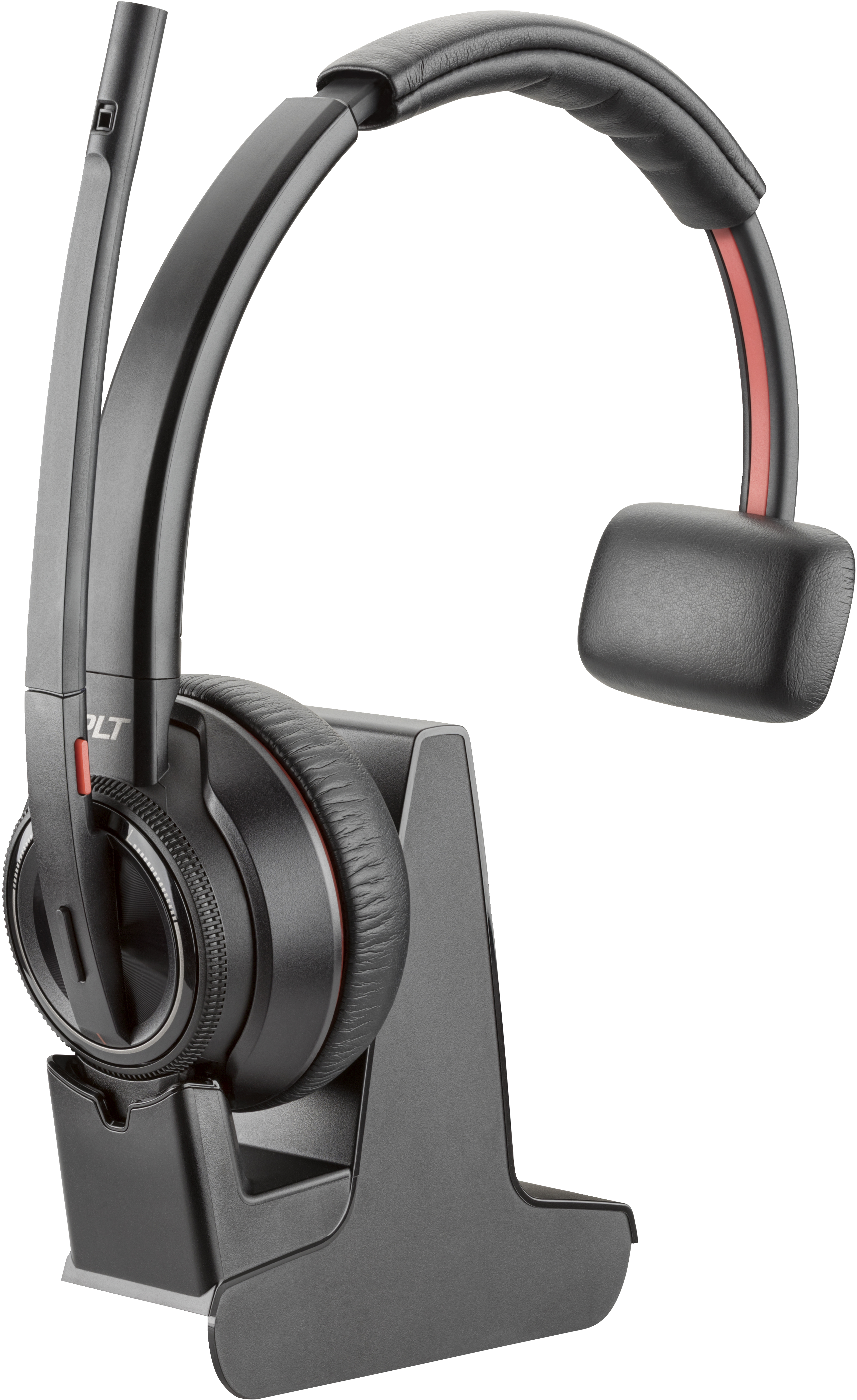 Cuffie wireless nere e rosse con base di ricarica. Con microfono e cuscinetto.