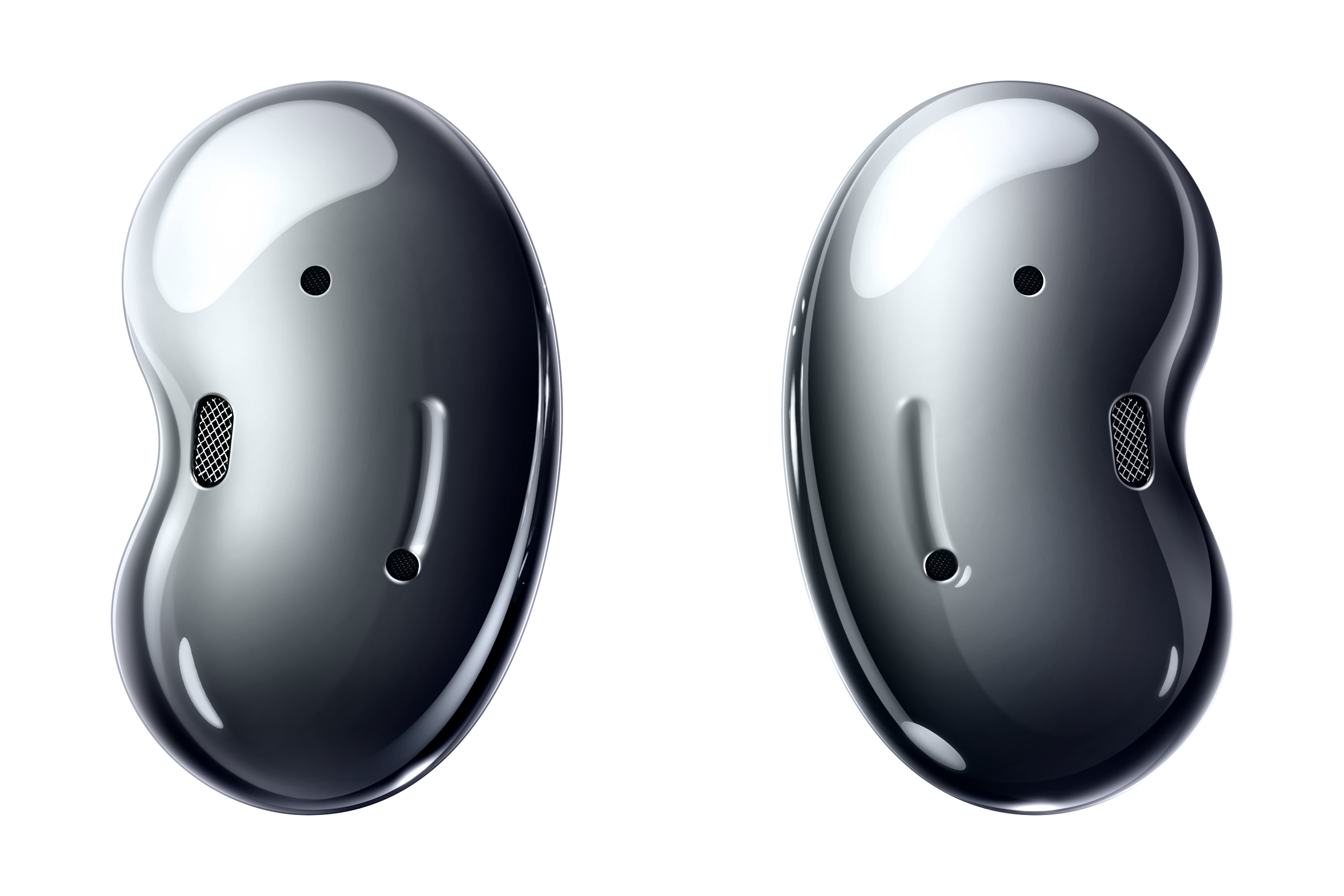 Dos auriculares plateados en forma de frijol sobre fondo blanco.