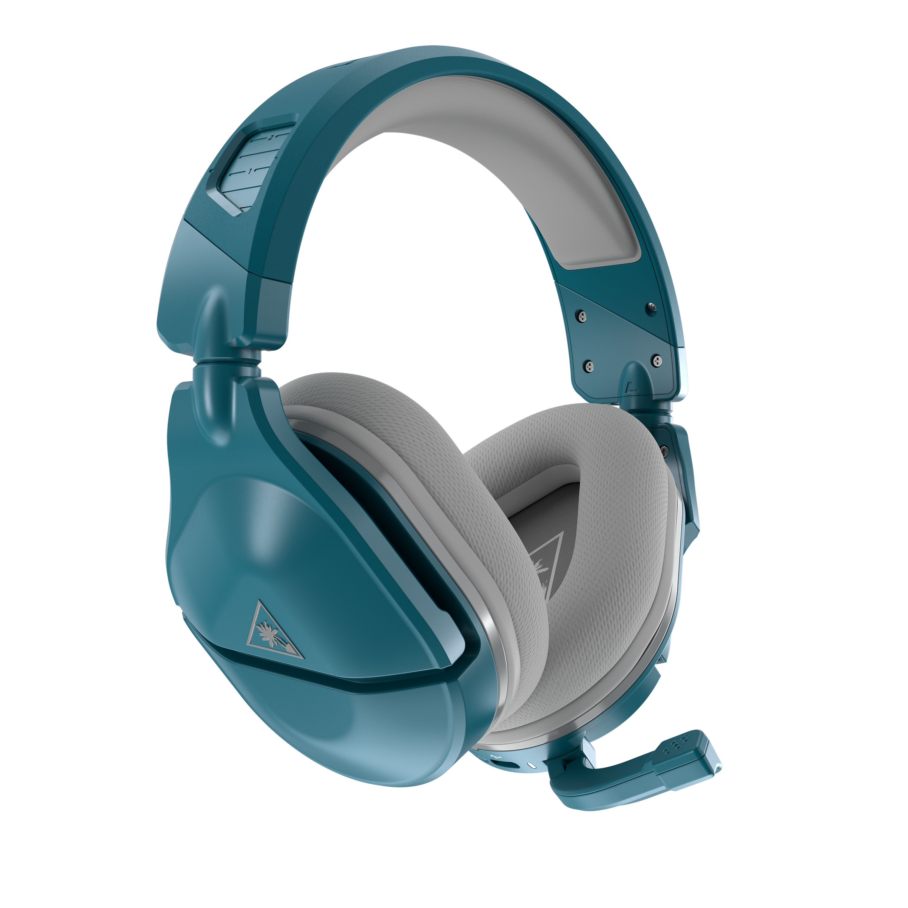 Auriculares gaming azules con micrófono.