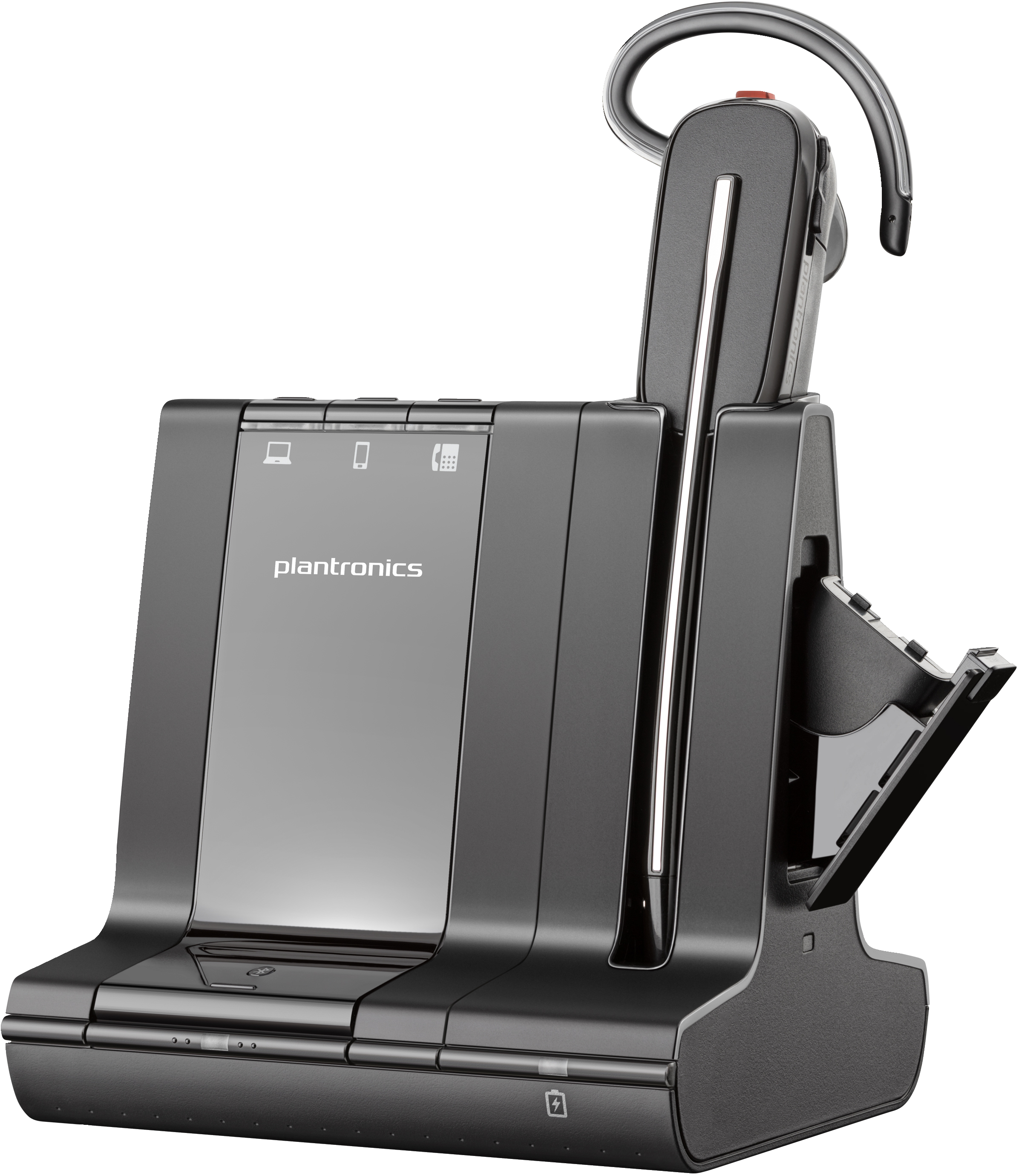 Base e stazione di ricarica nere per cuffie Plantronics. Schema di colori nero e grigio. Sfondo bianco.