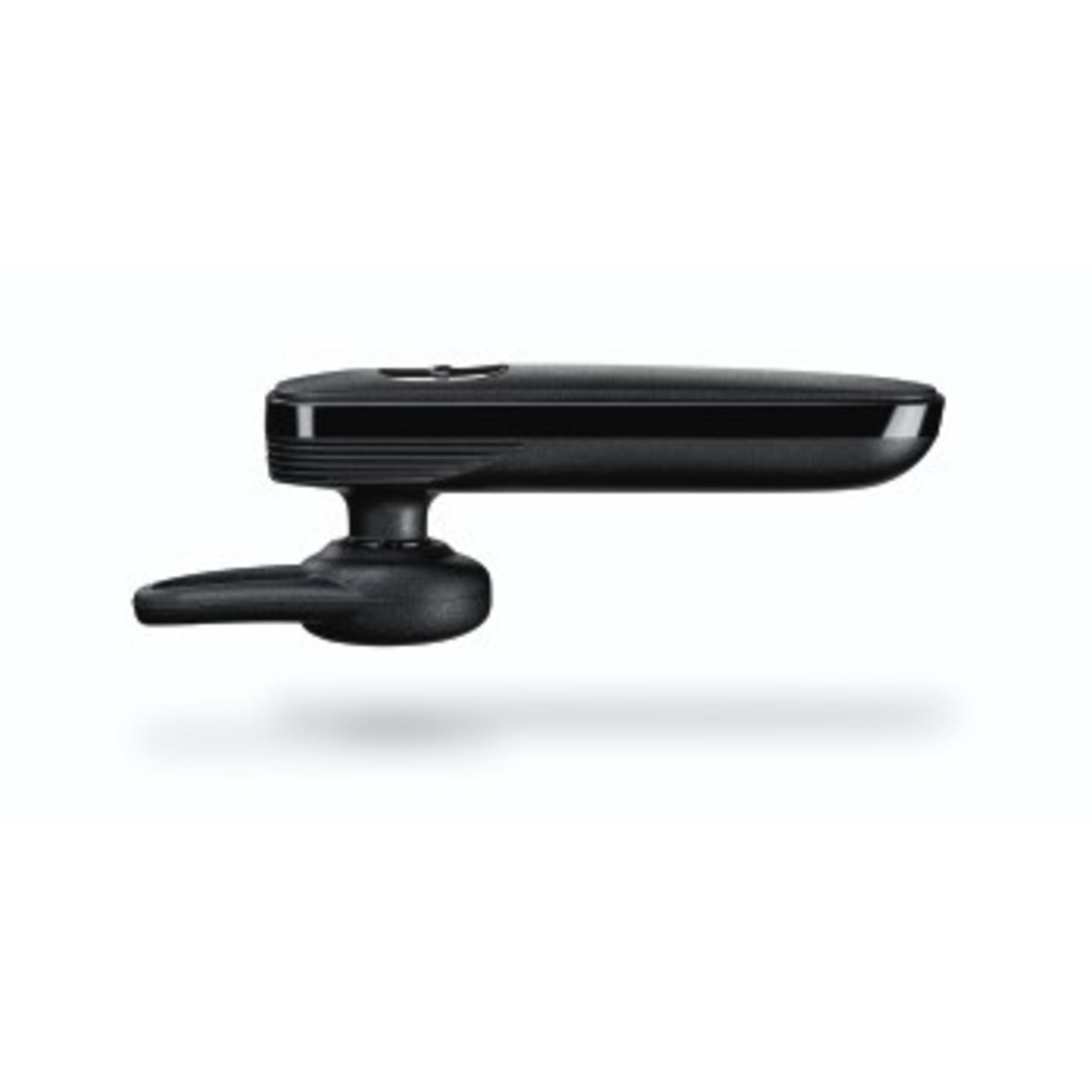 Cuffia Bluetooth nera. Design semplice con microfono. Sfondo bianco.