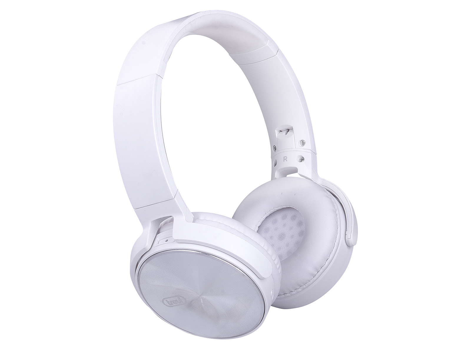 Cuffie bianche con microfono su sfondo bianco. I padiglioni sono circolari e imbottiti.