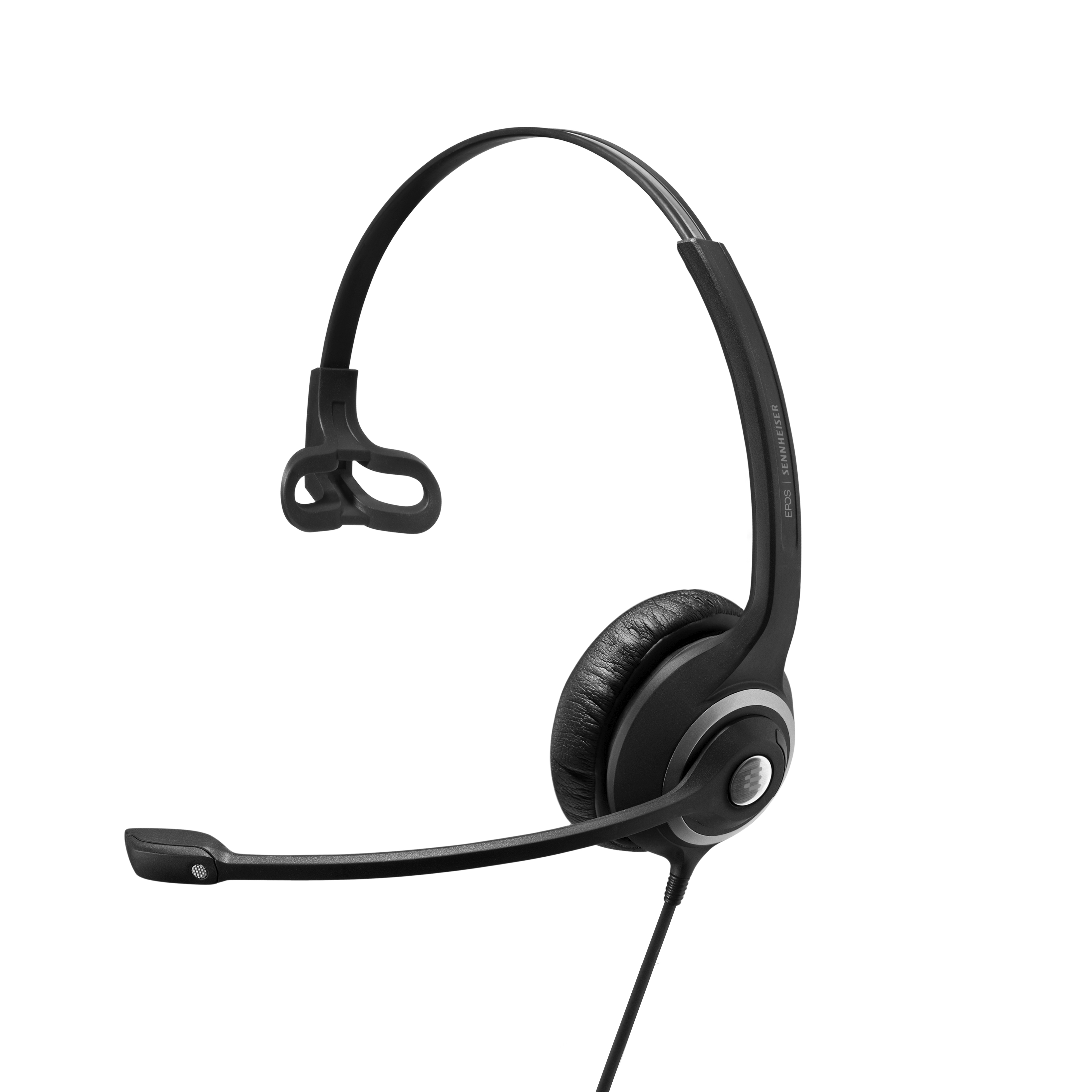 Schwarzes Headset mit Mikrofon. Das Headset vor weißem Hintergrund.