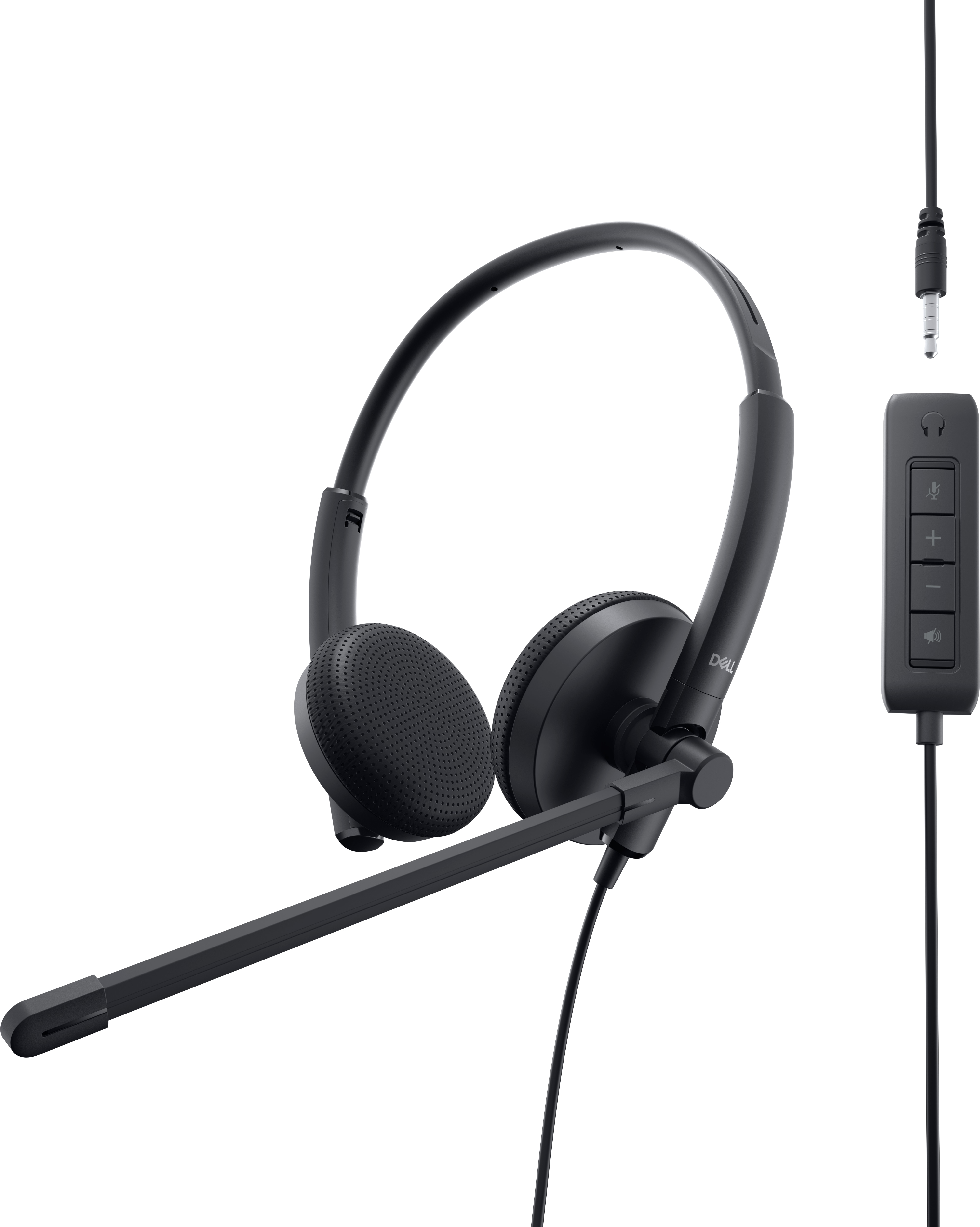 Schwarzes Dell-Headset mit Bügelmikrofon und Inline-Lautstärkereglern. Klarer Hintergrund.