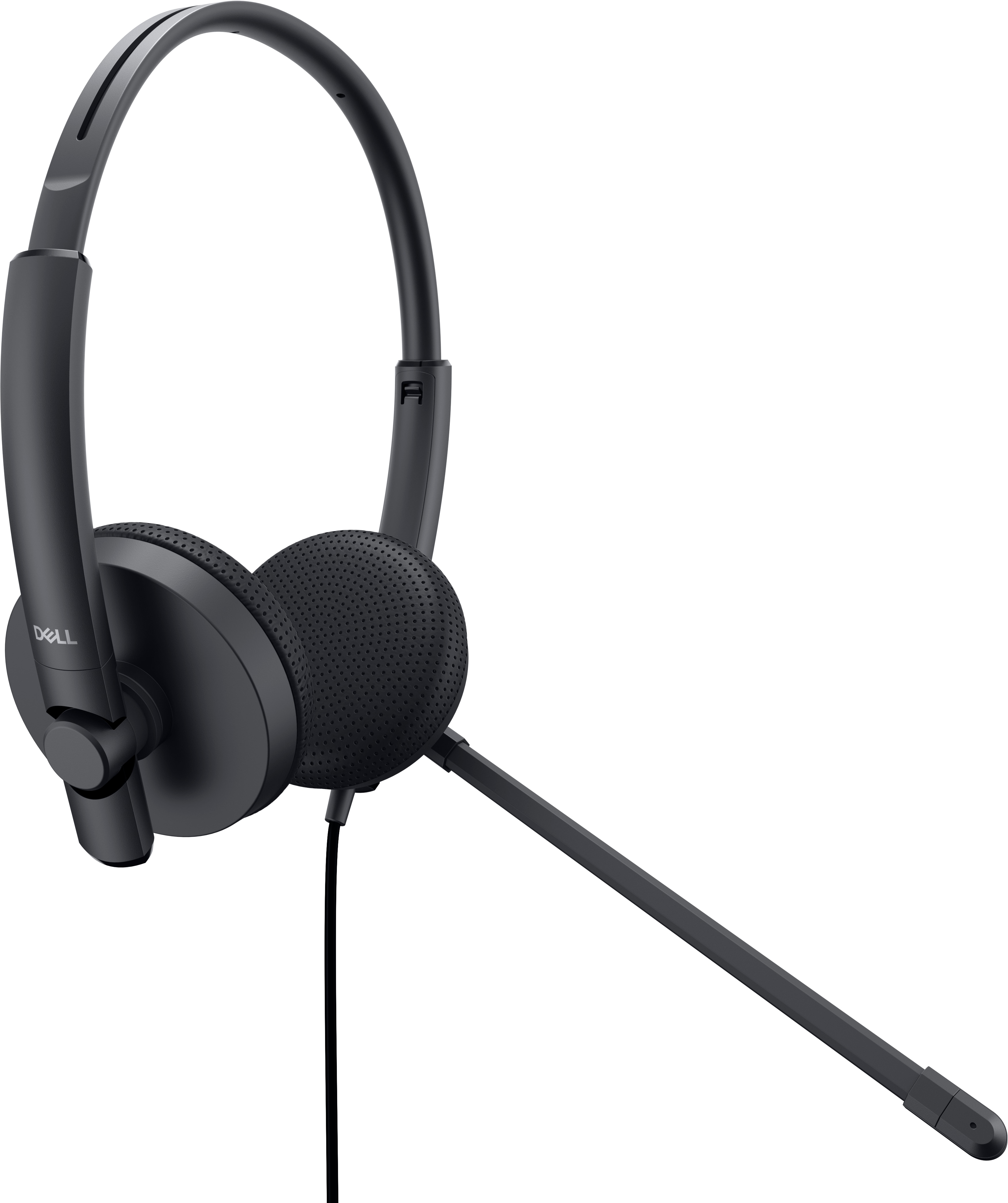 Schwarzes Dell-Headset mit zwei Ohrmuscheln, einem Kopfbügel und einem Mikrofon, das sich vom linken Ohrhörer erstreckt.