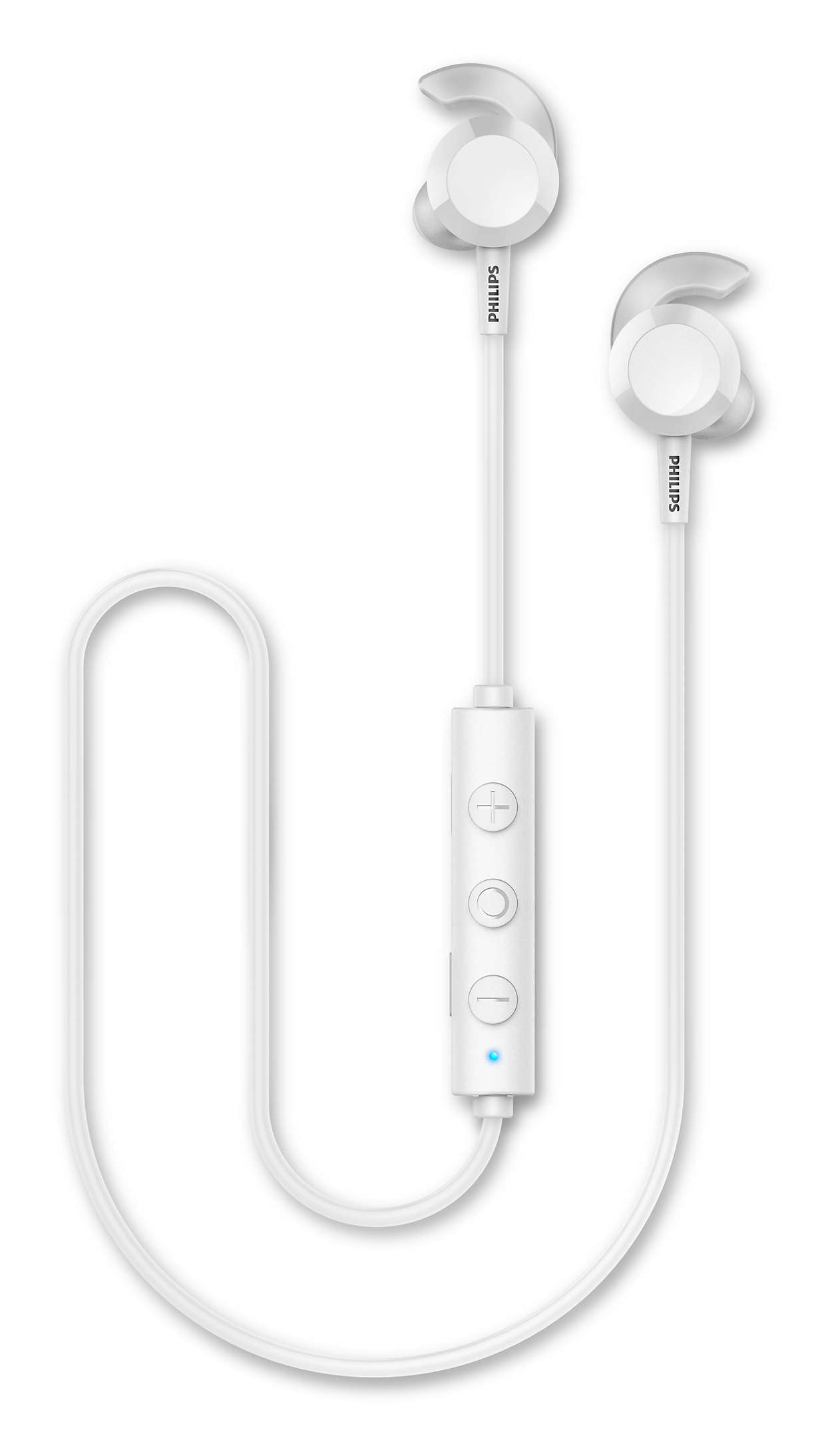 Weiße kabellose Philips-Ohrhörer mit weißem Bedienfeld und weißem Kabel.