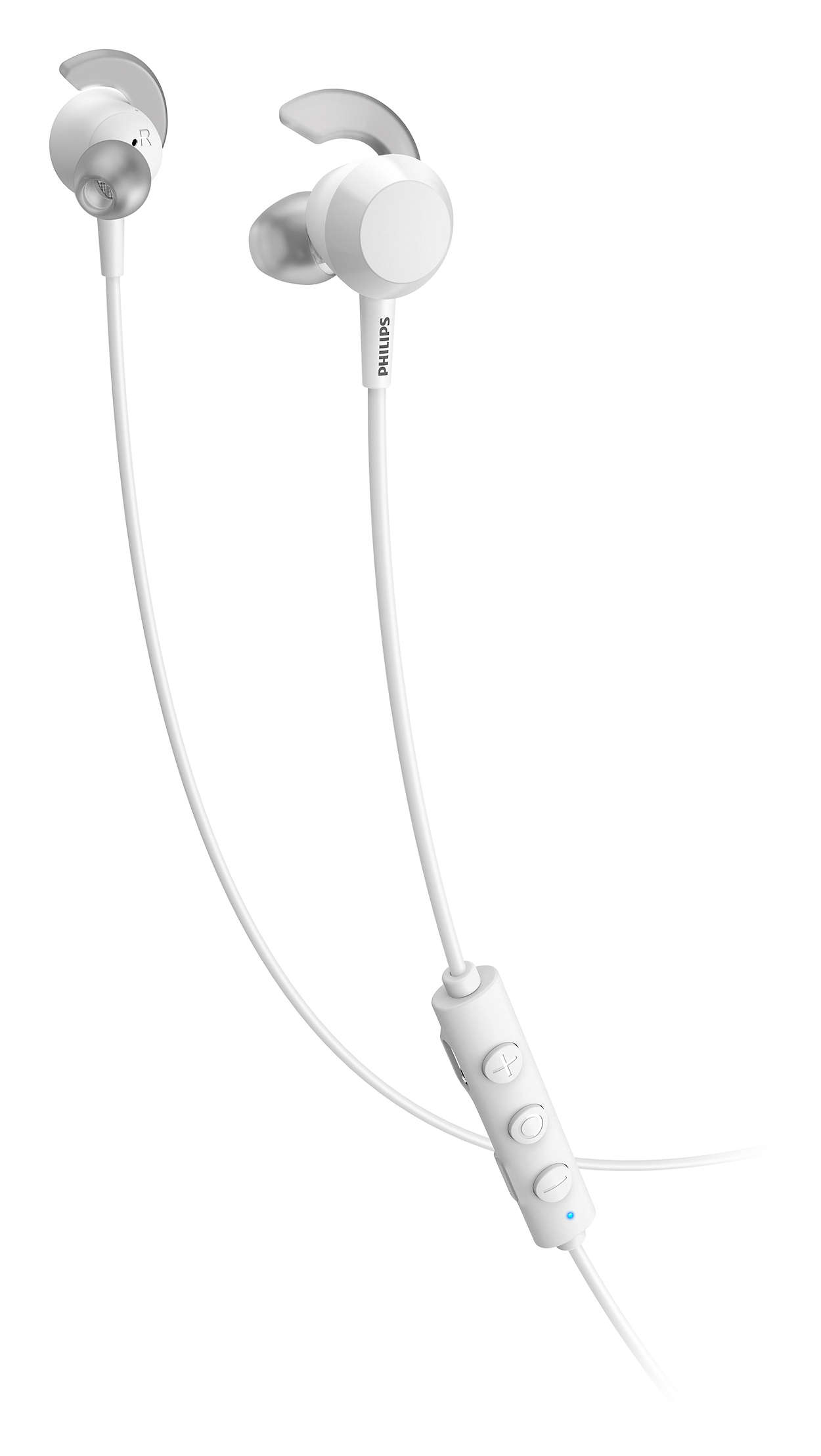 Weiße Philips-Ohrhörer mit Steuereinheit am Kabel. Die Ohrhörer sind mit einem Draht verbunden.