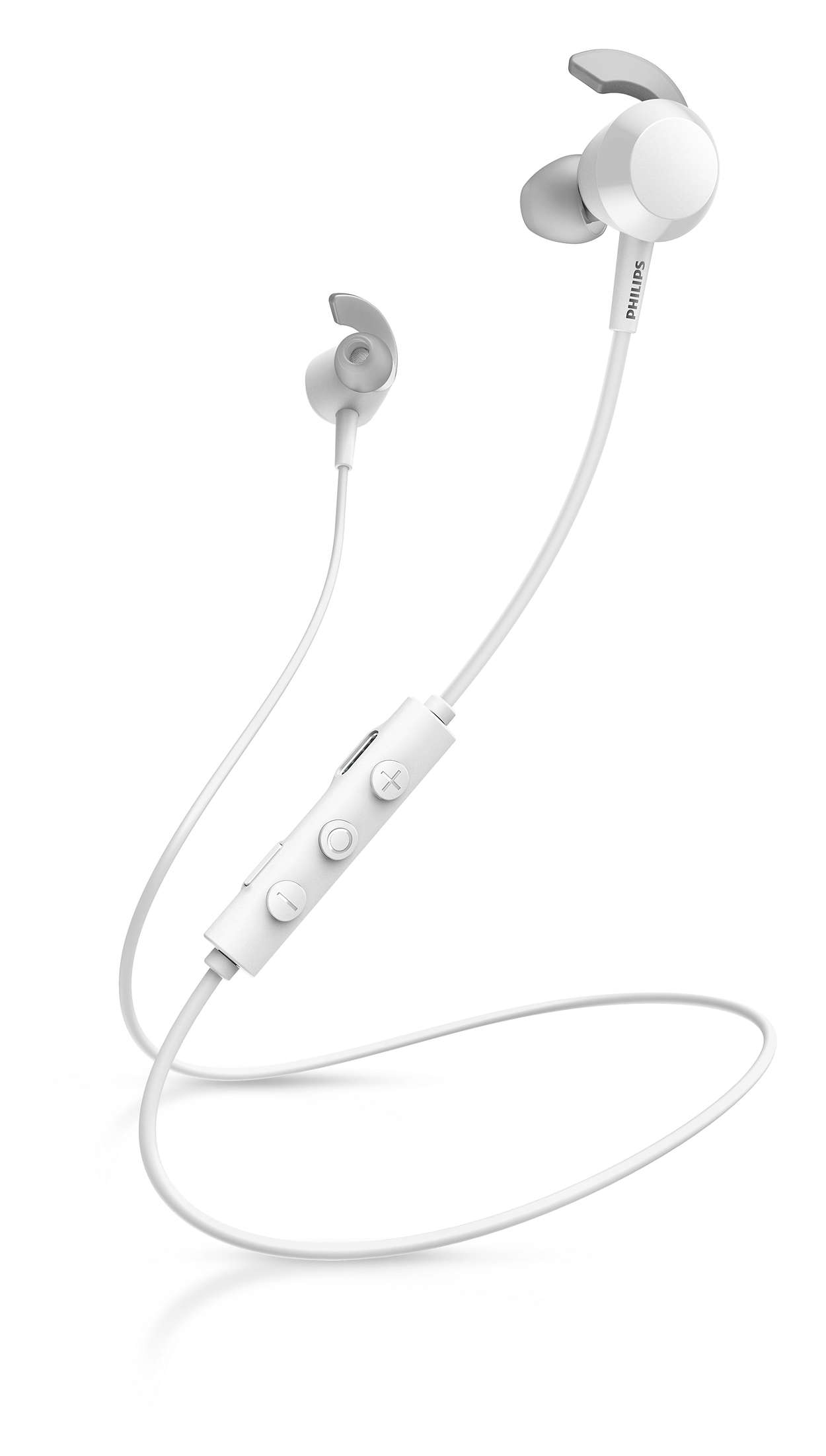 Weiße kabellose Kopfhörer mit Bedienfeld und Kabel.