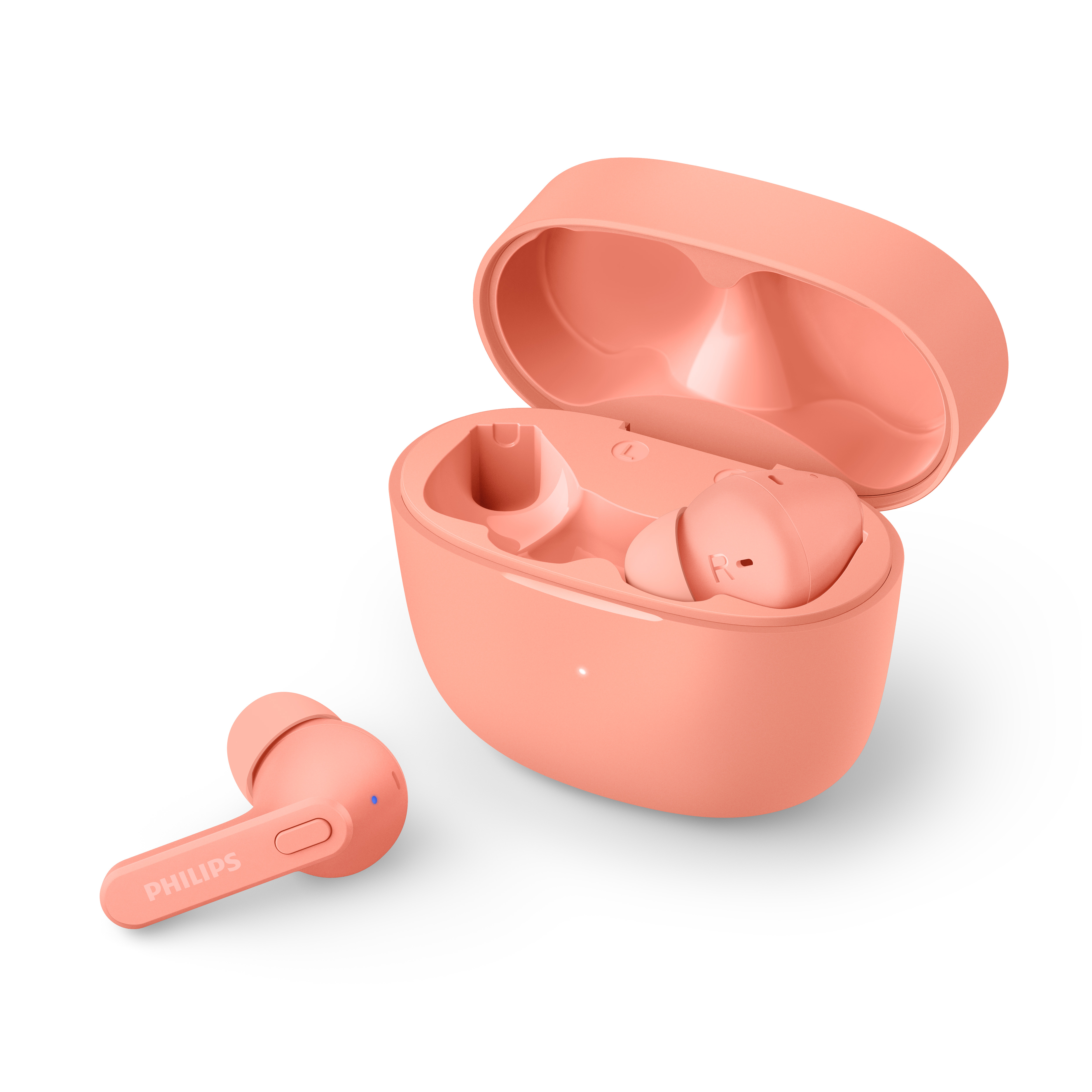 Rosa Ohrhörer mit rosa Ladecase, ein Ohrhörer außerhalb des Cases.