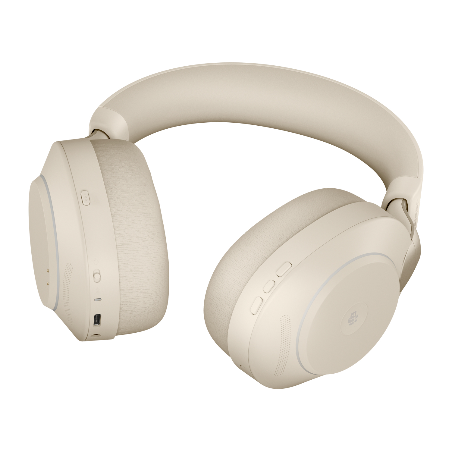 Cuffie beige su sfondo bianco. Design moderno e colore neutro.