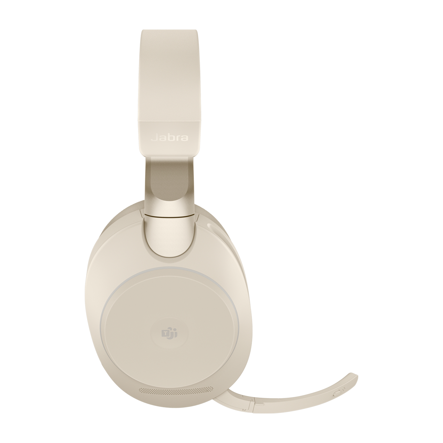 Beige headset with a microphone. It is on a white background.