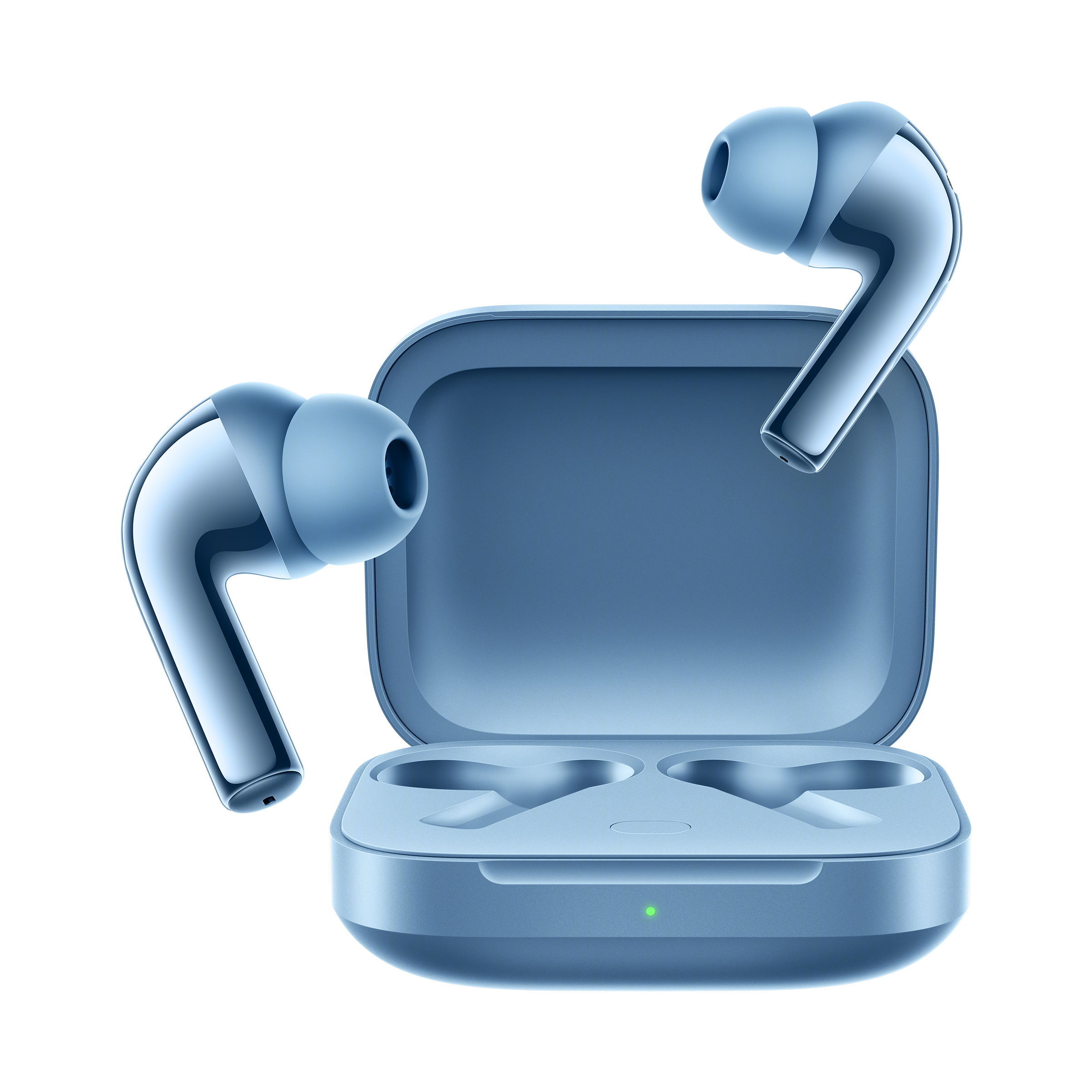 Niebieskie bezprzewodowe słuchawki douszne i etui ładujące, białe tło.