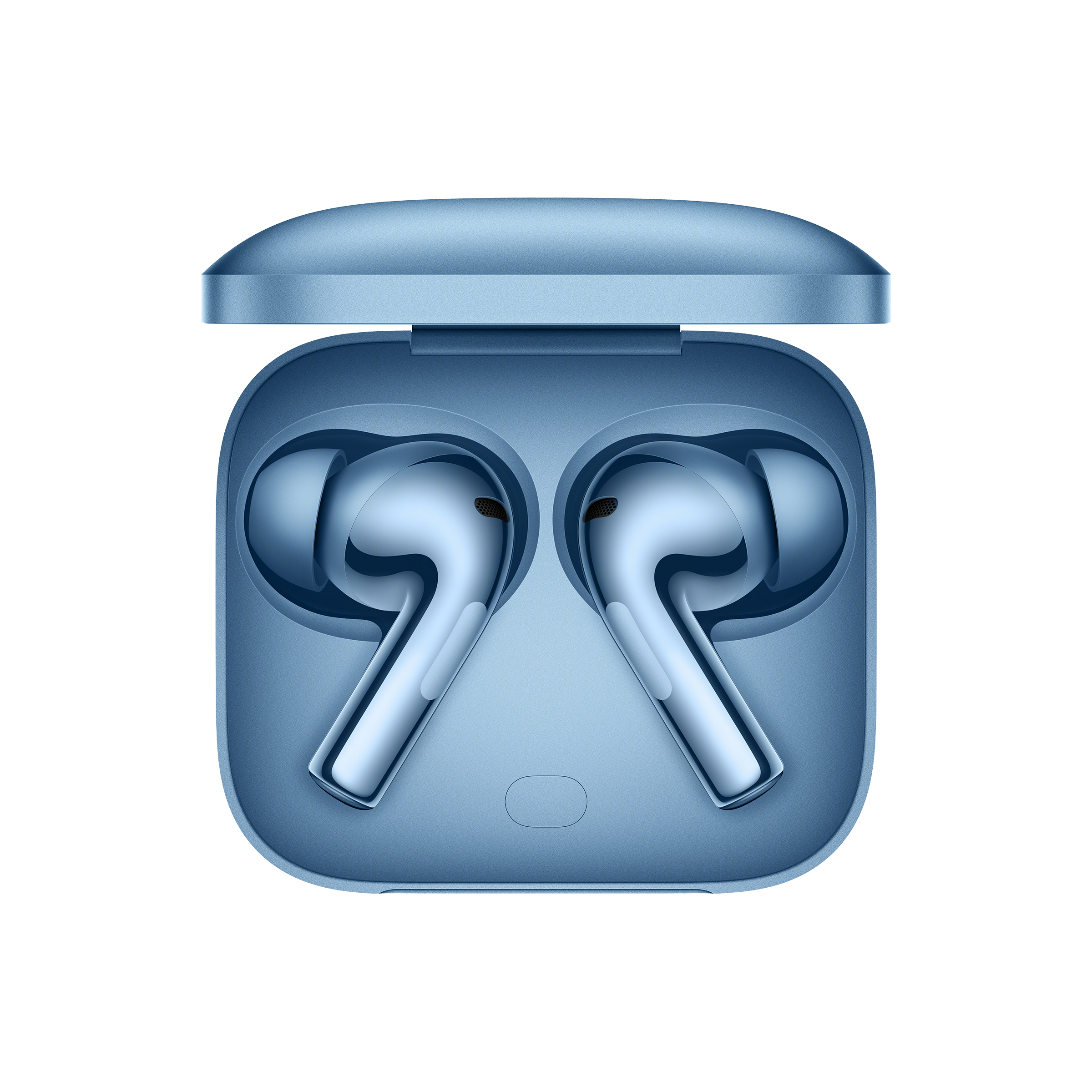 Niebieskie bezprzewodowe słuchawki douszne w etui ładującym. Etui i słuchawki są jasnoniebieskie.