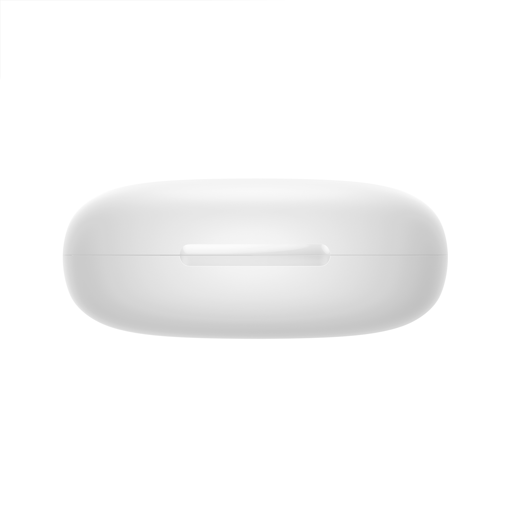 Étui de chargement d'écouteurs blanc, de forme ovale. Design simple avec une petite ouverture.