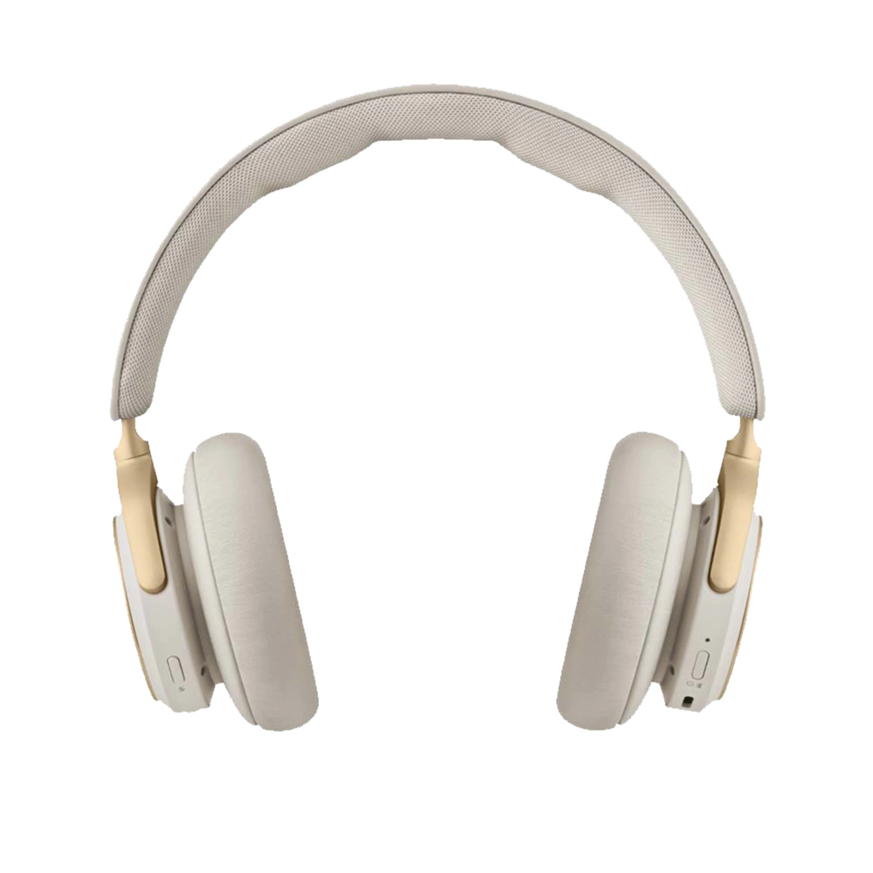 Auriculares beige sobre fondo blanco, vista superior.